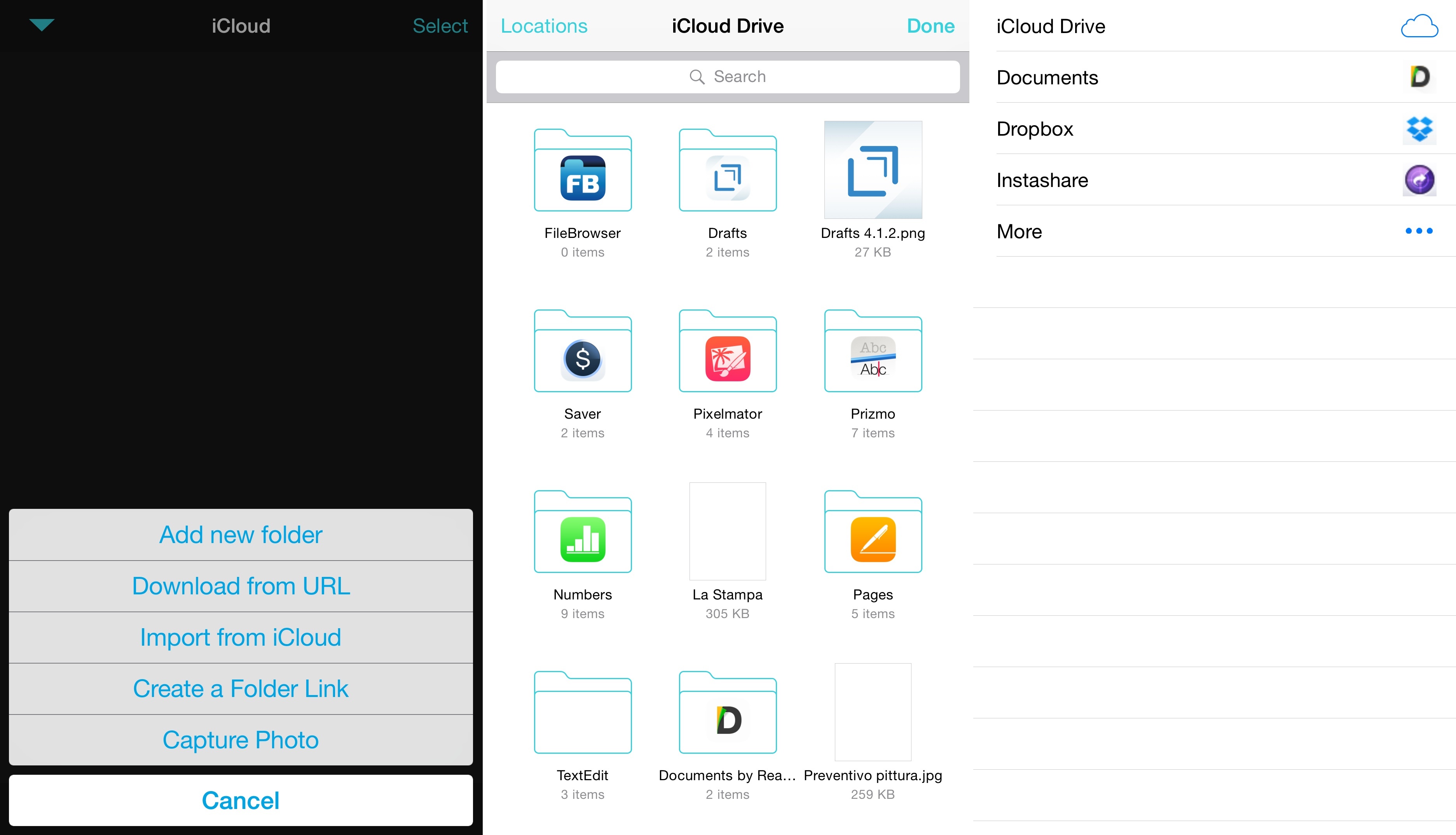 I use FileBrowser to access iCloud Drive and other apps that provide document storage.
