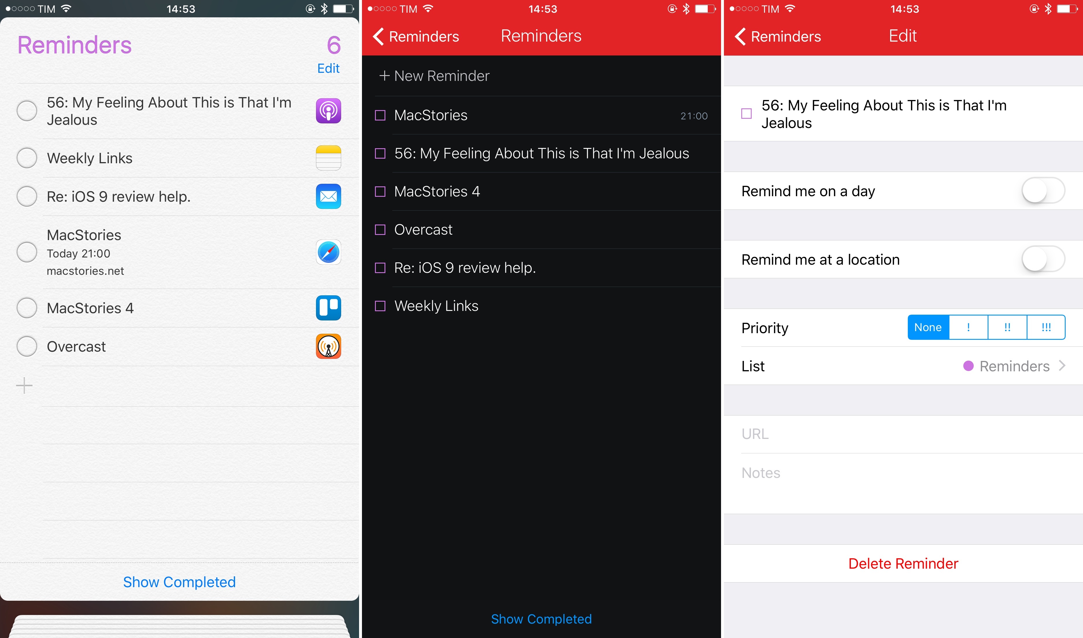 Smart reminders in Reminders (left) and Fantastical, without deep link metadata.