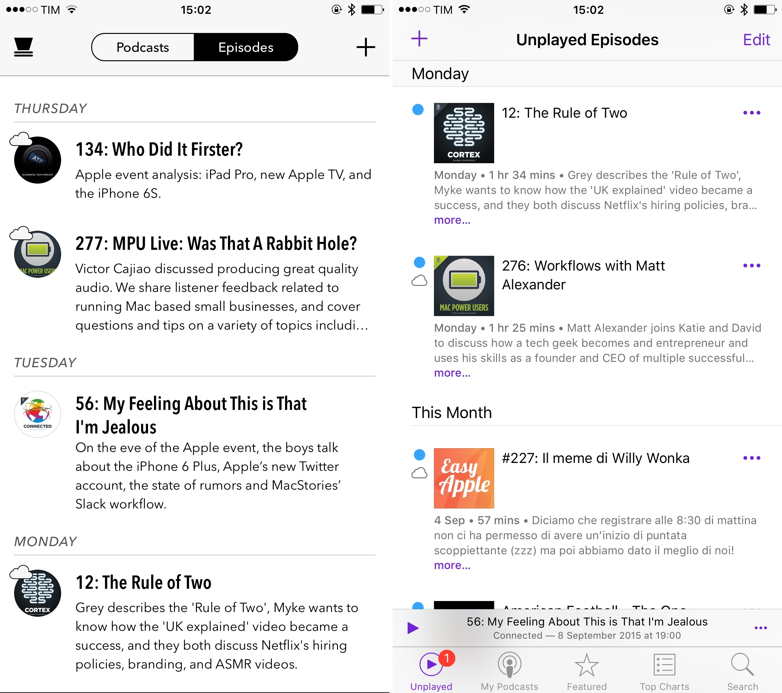 Supertop's Castro (left) and Podcasts on iOS 9.