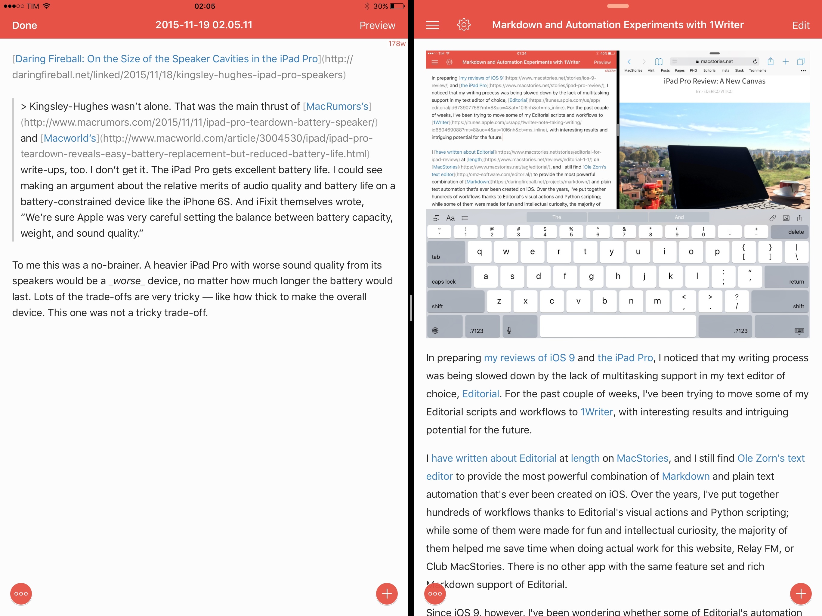 Capturing content with the 1Writer share extension from Safari (left).