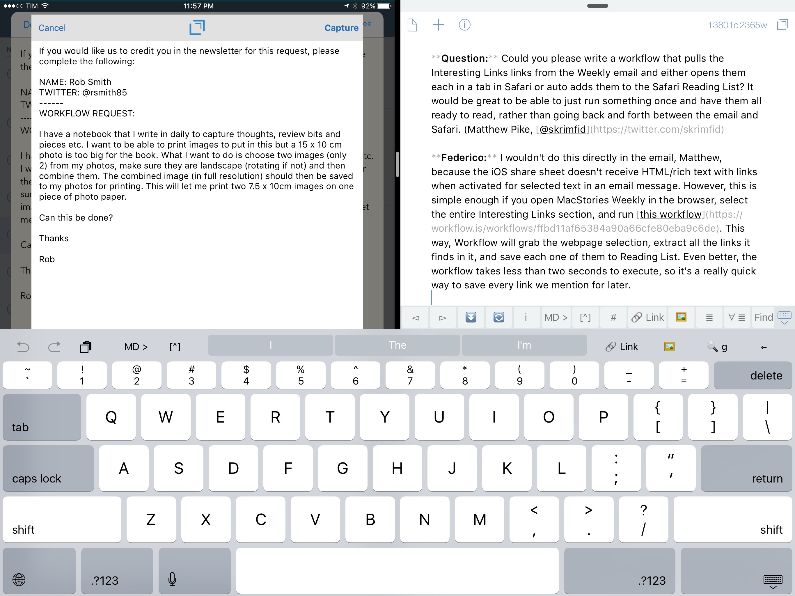 Capturing a reader email with the Drafts extension from 2Do (left).