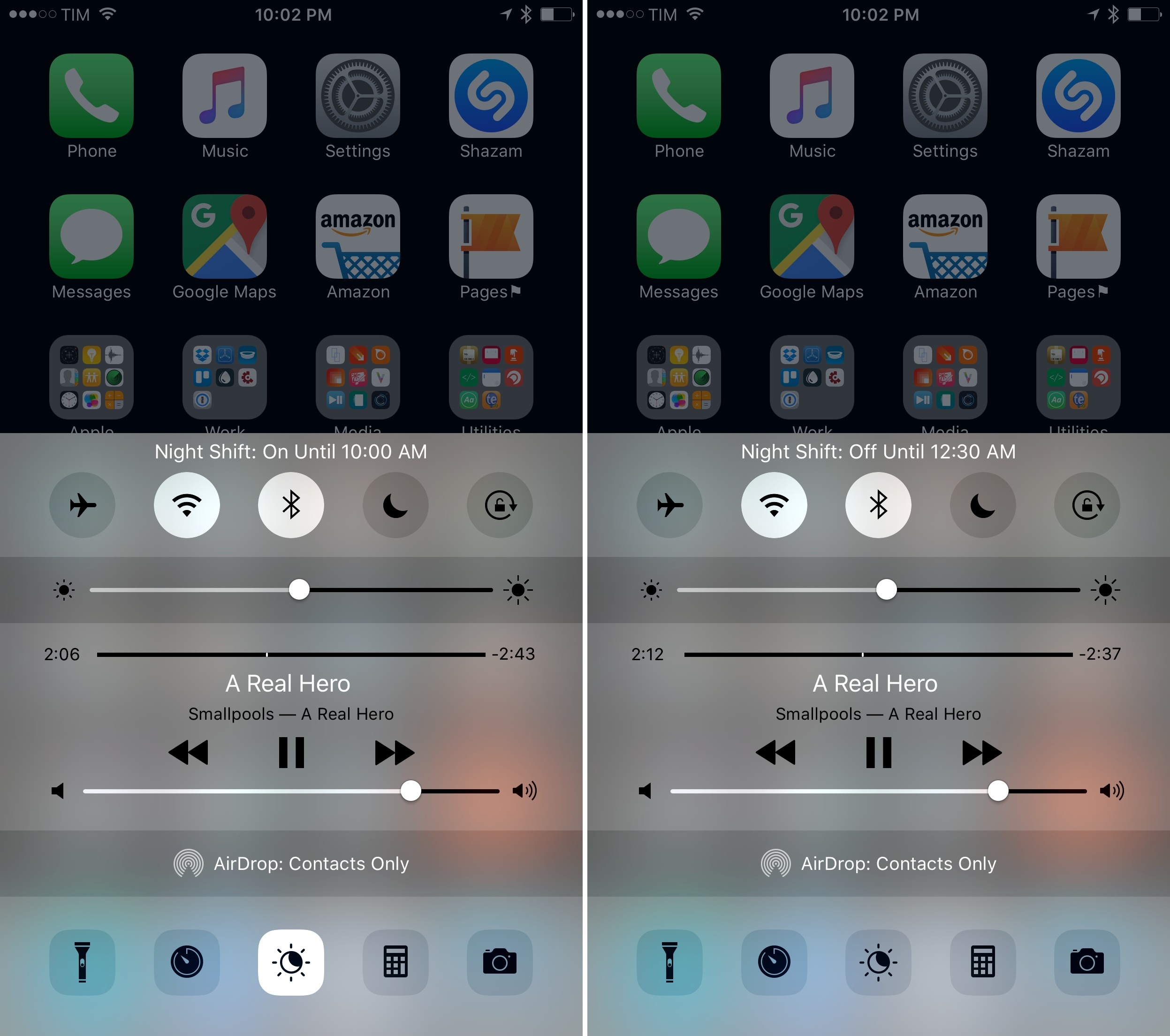 Turning Night Shift on and off from Control Center.