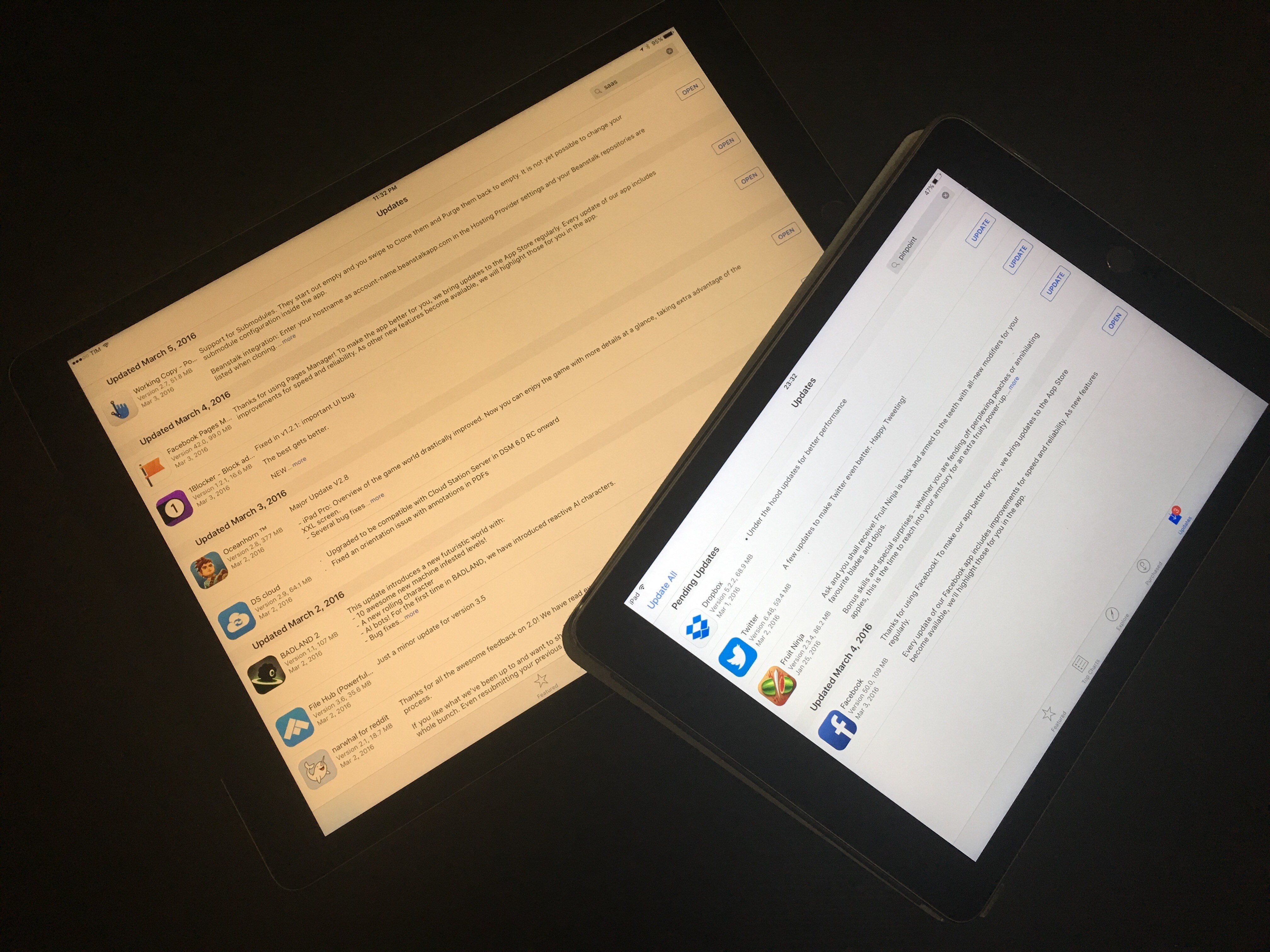 Night Shift on an iPad Pro vs. iOS 9.2 on an iPad Air 2.