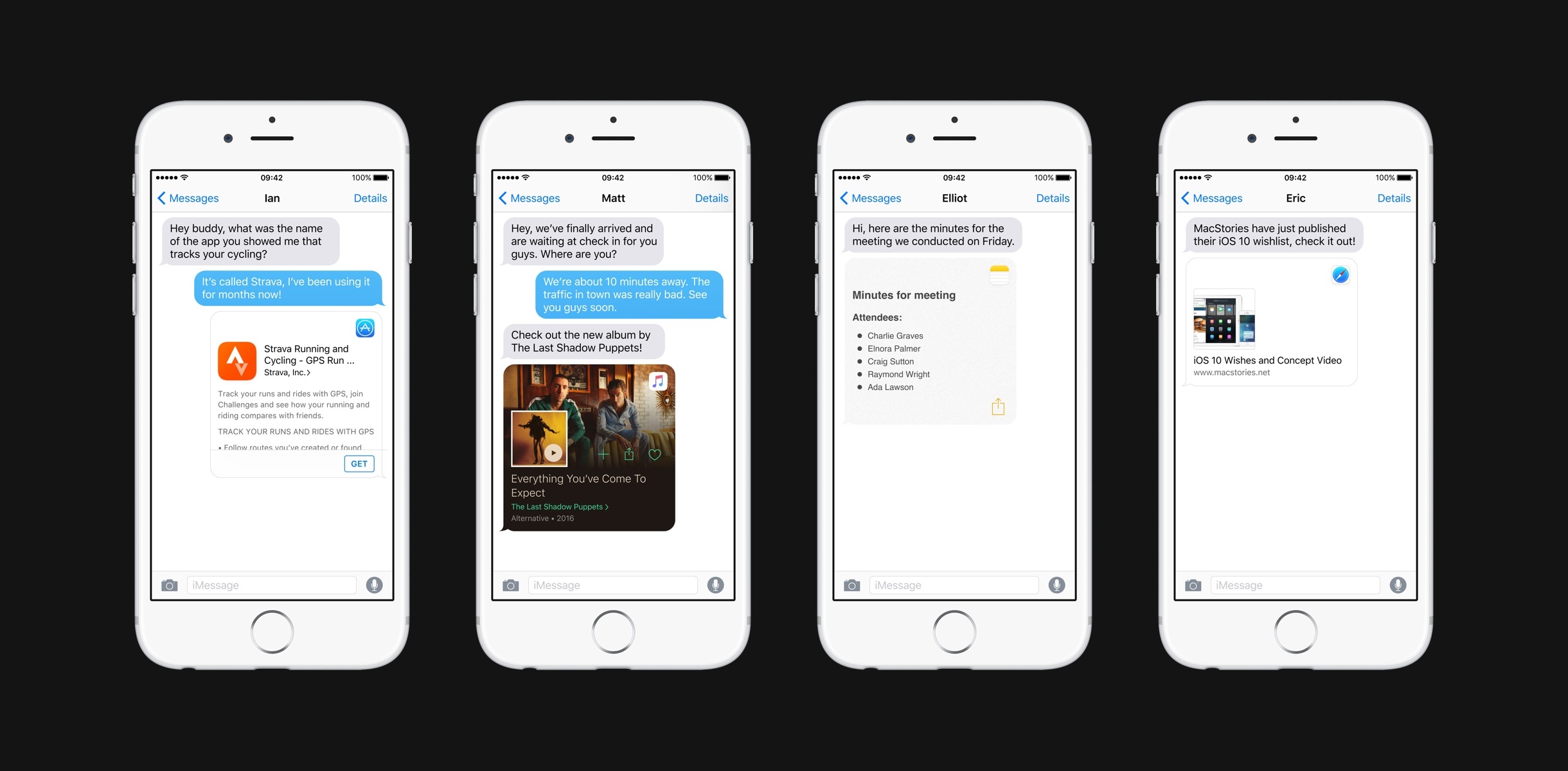 Rich previews in Messages for the App Store, Apple Music, Notes, and Safari content.