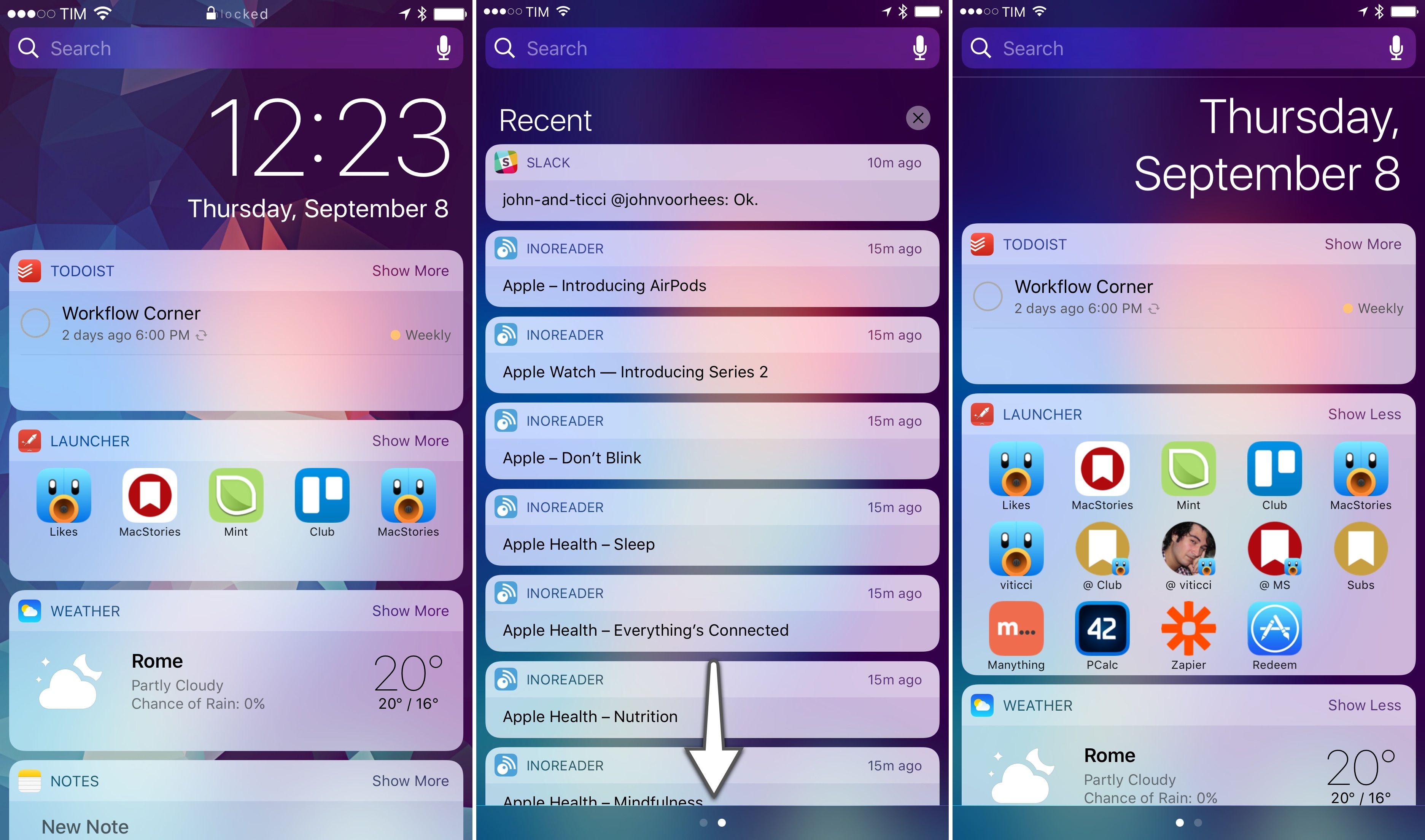 From left to right: Lock screen widgets on the Search screen; Notification Center; widgets in Notification Center.