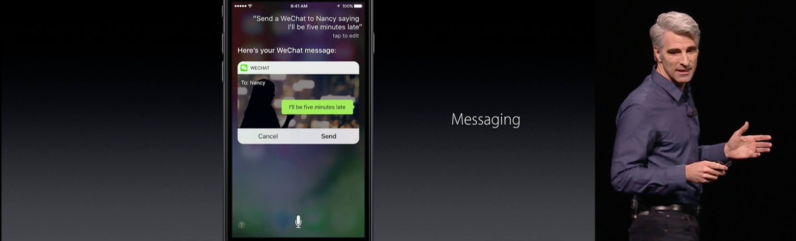 Craig Federighi with an example of WeChat in Siri.