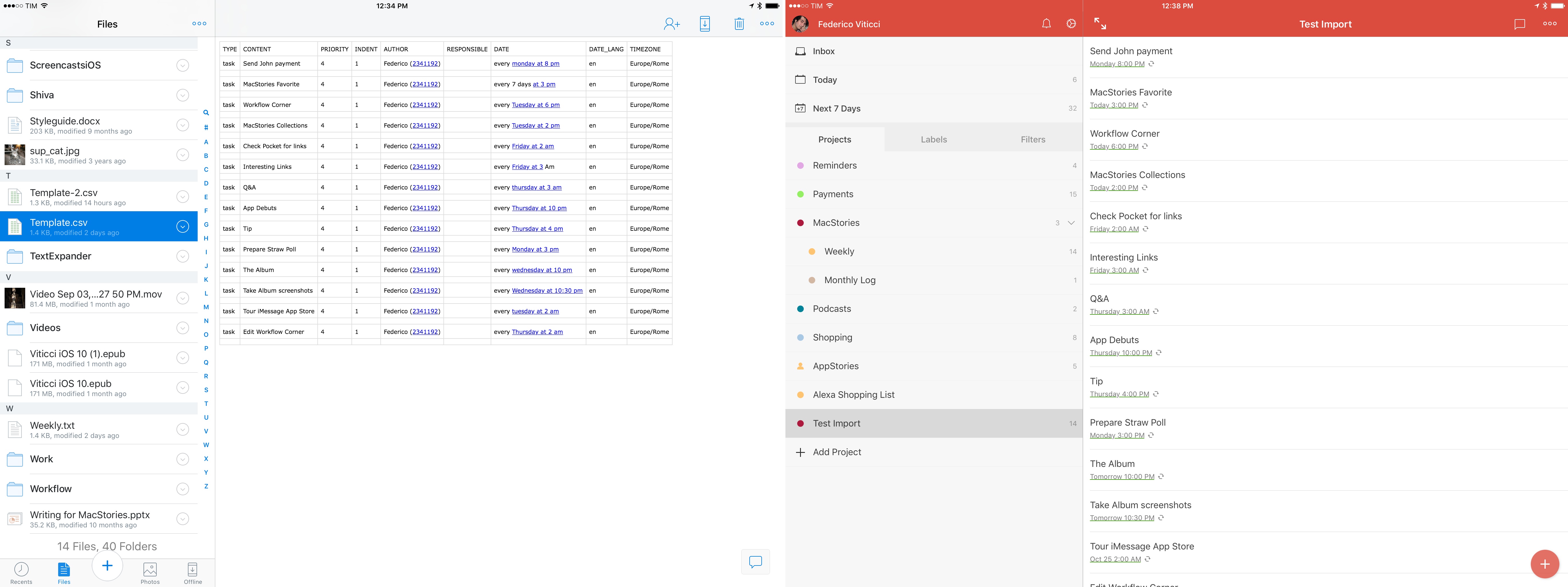 A template (left) imported into a Todoist project as a series of tasks.