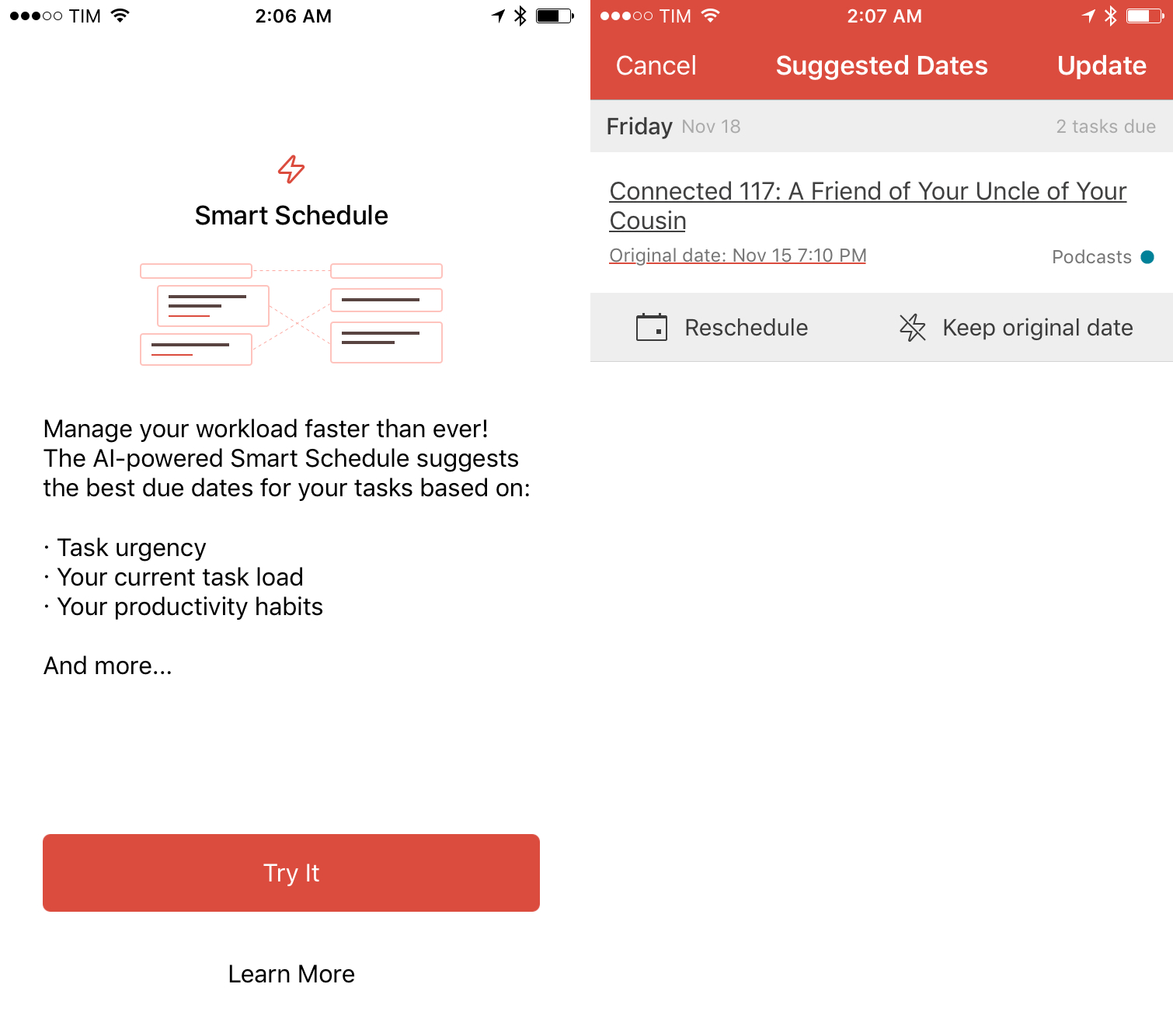 Smart Schedule's welcome screen and the Suggested Dates view.