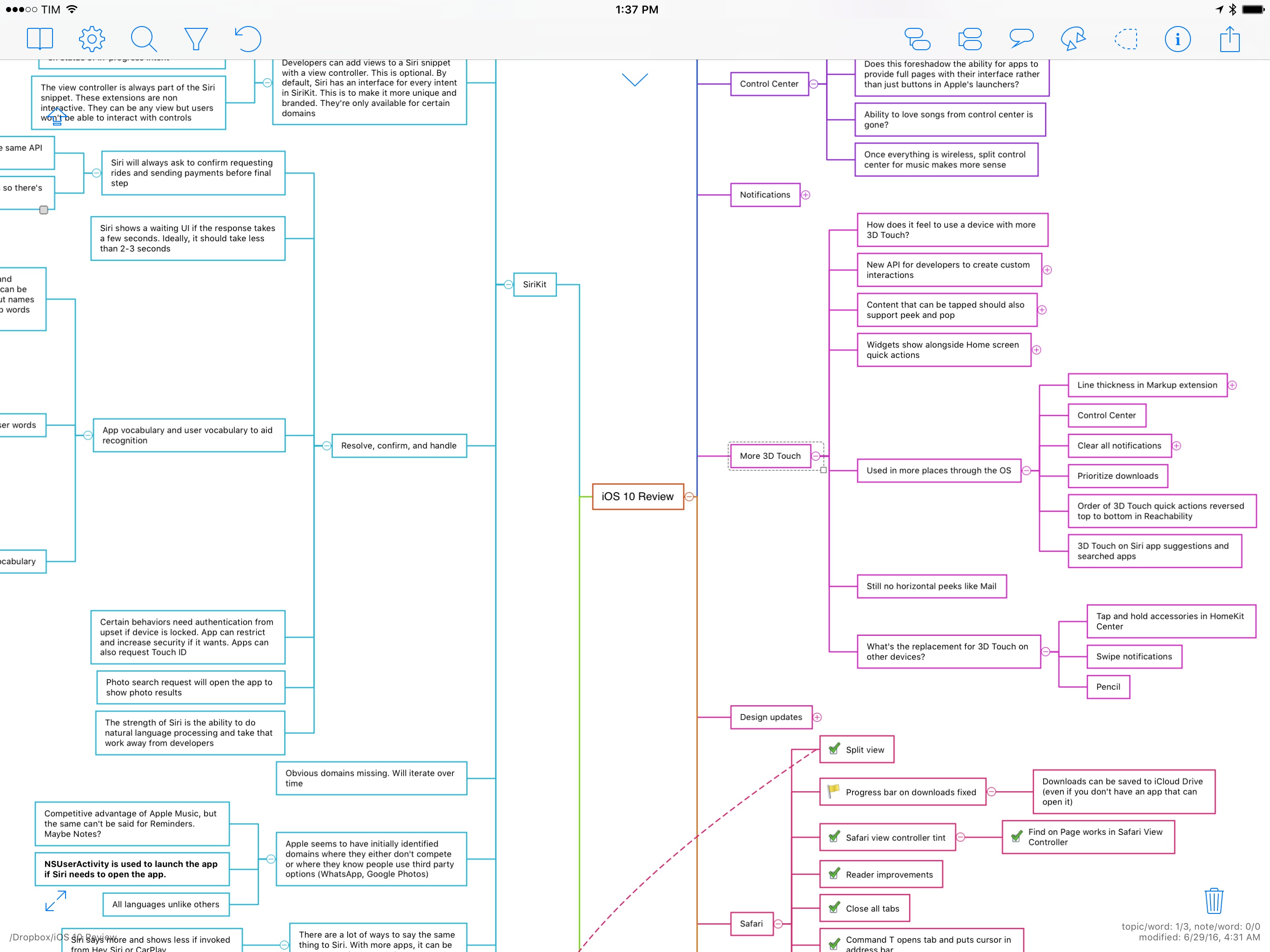 My iOS 10 review mind map in iThoughts.