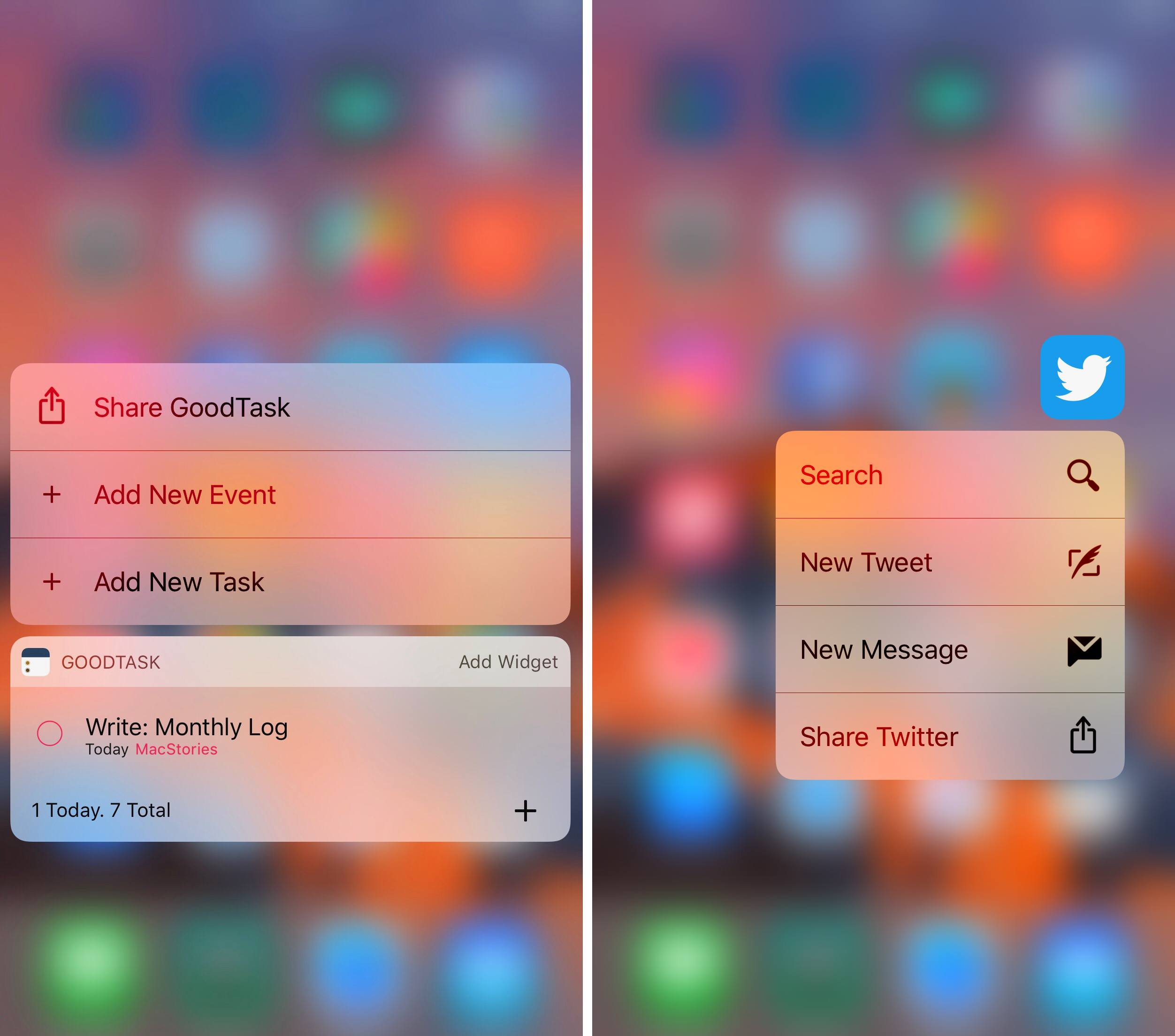 Left: quick actions with a widget; Right: without a widget.