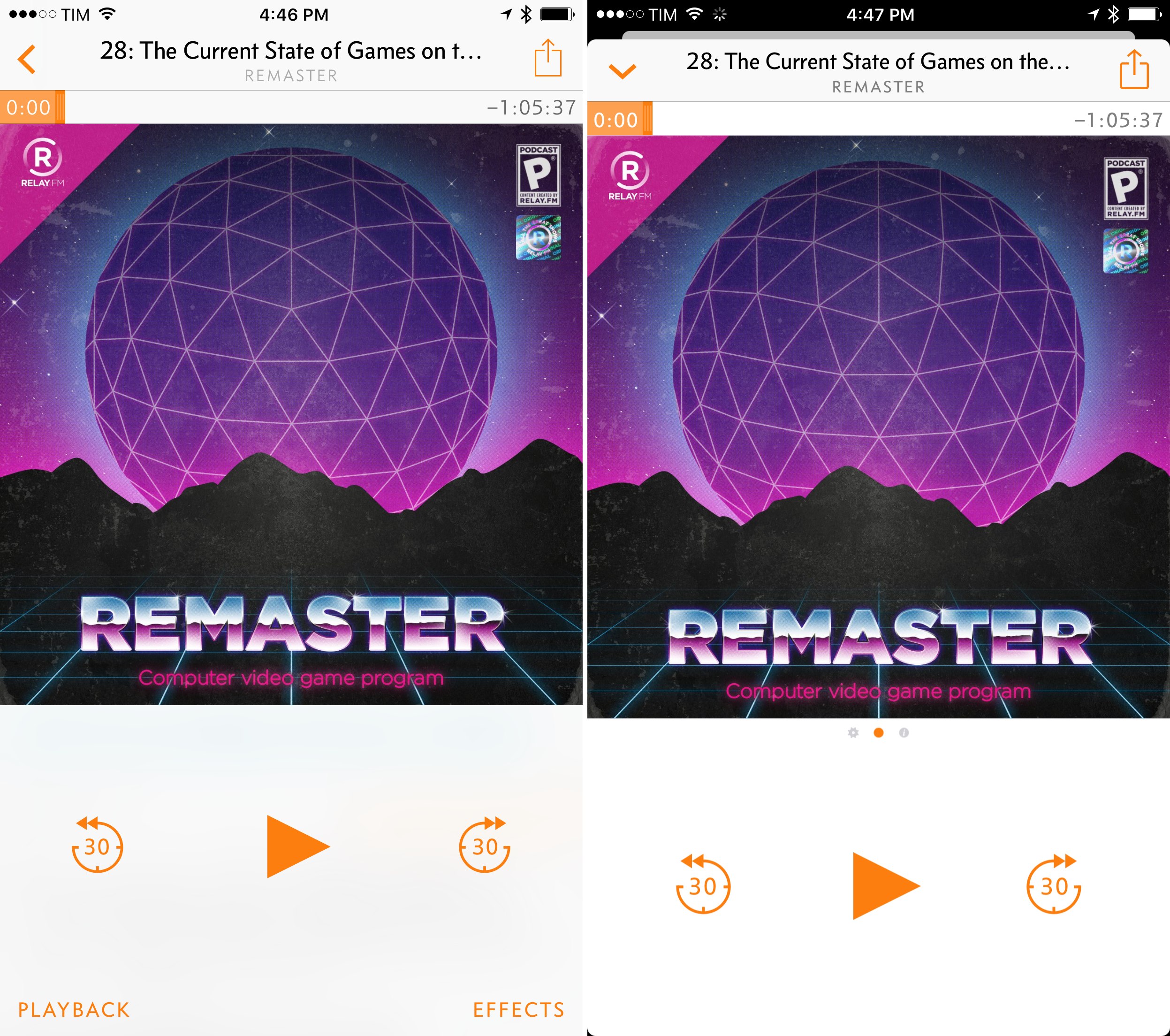 The new Overcast (right) uses a card-like UI inspired by Apple Music.