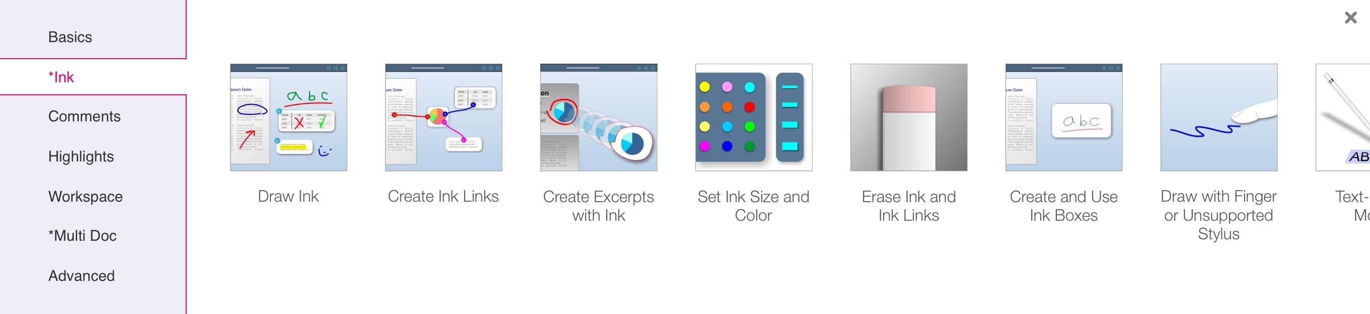 Detailed overviews of all ink features in the help menu.
