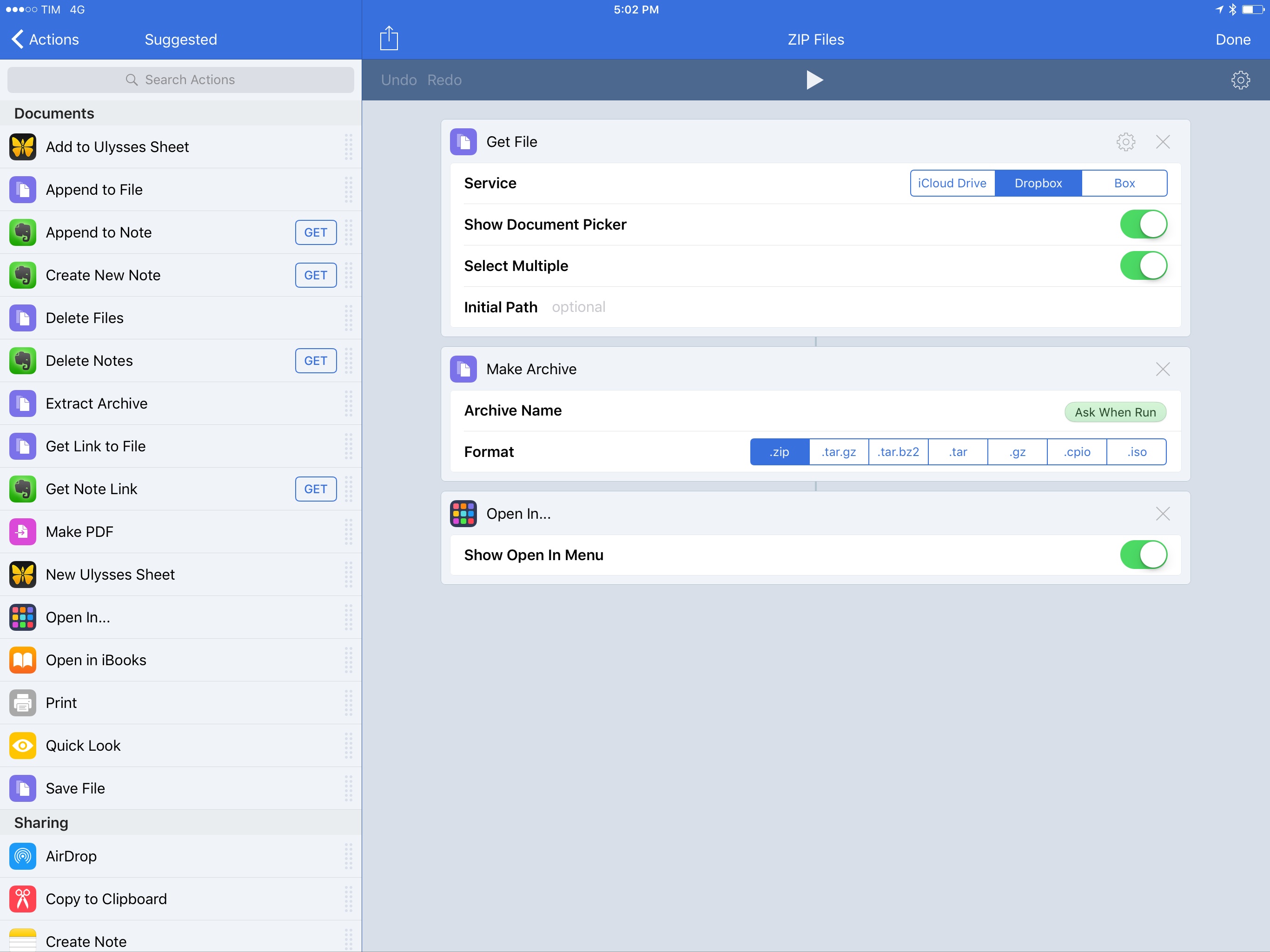 Workflow's 'Make Archive' action turns multiple files into an archive.
