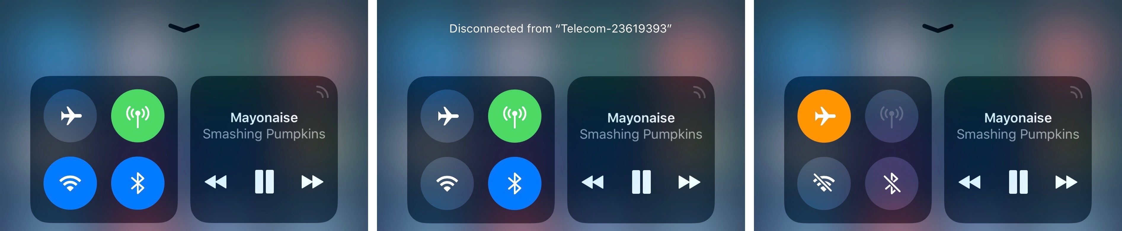 Multiple Wi-Fi states in Control Center (on, disconnected, off).