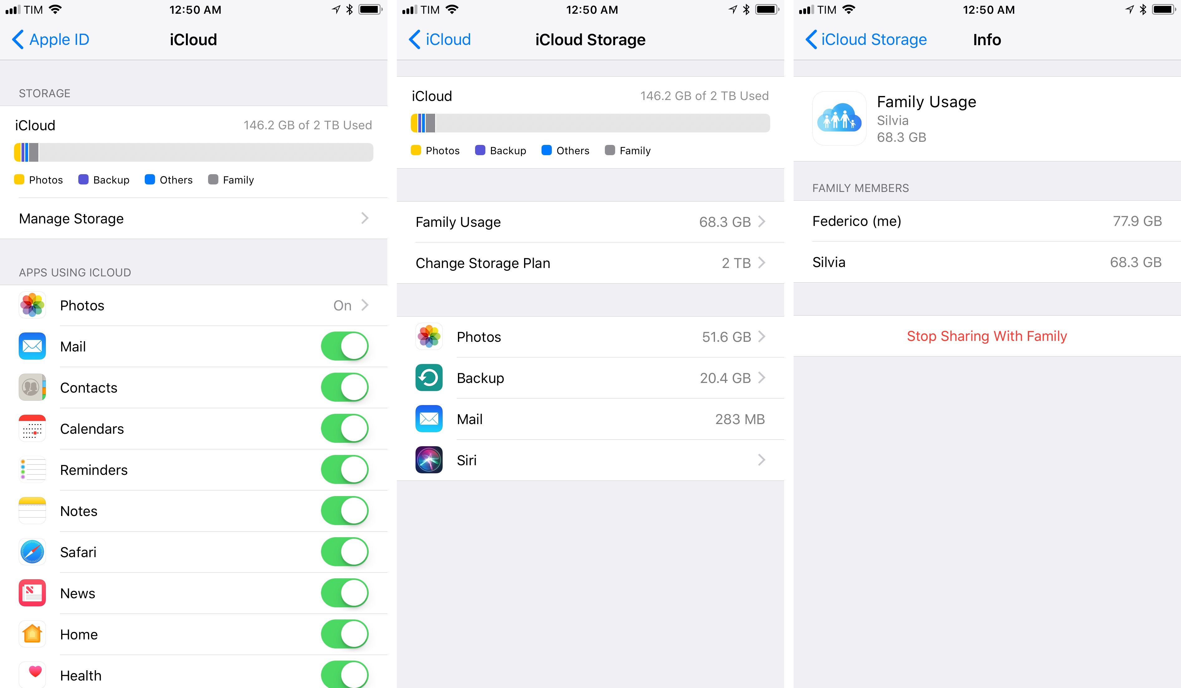 Storage settings for a shared iCloud plan.