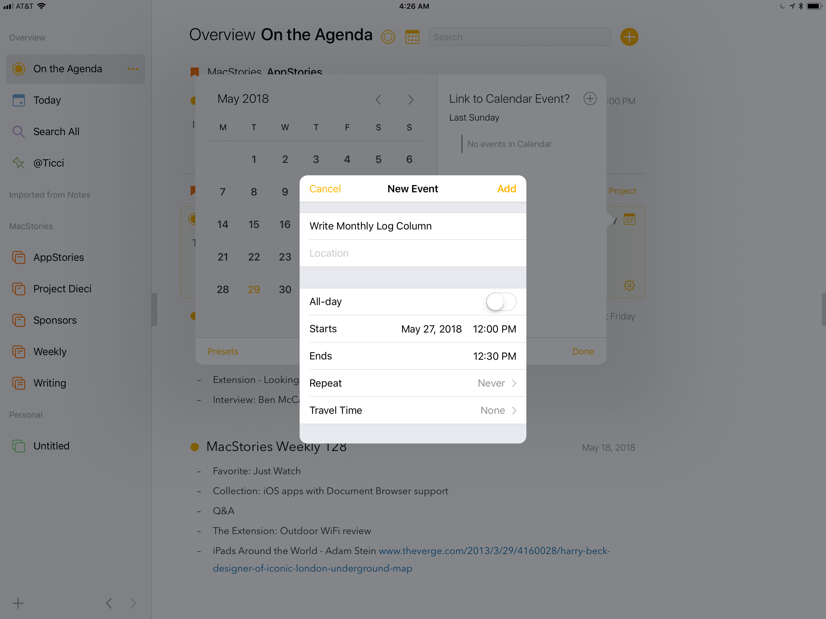 Notes can be associated with events in your calendar.