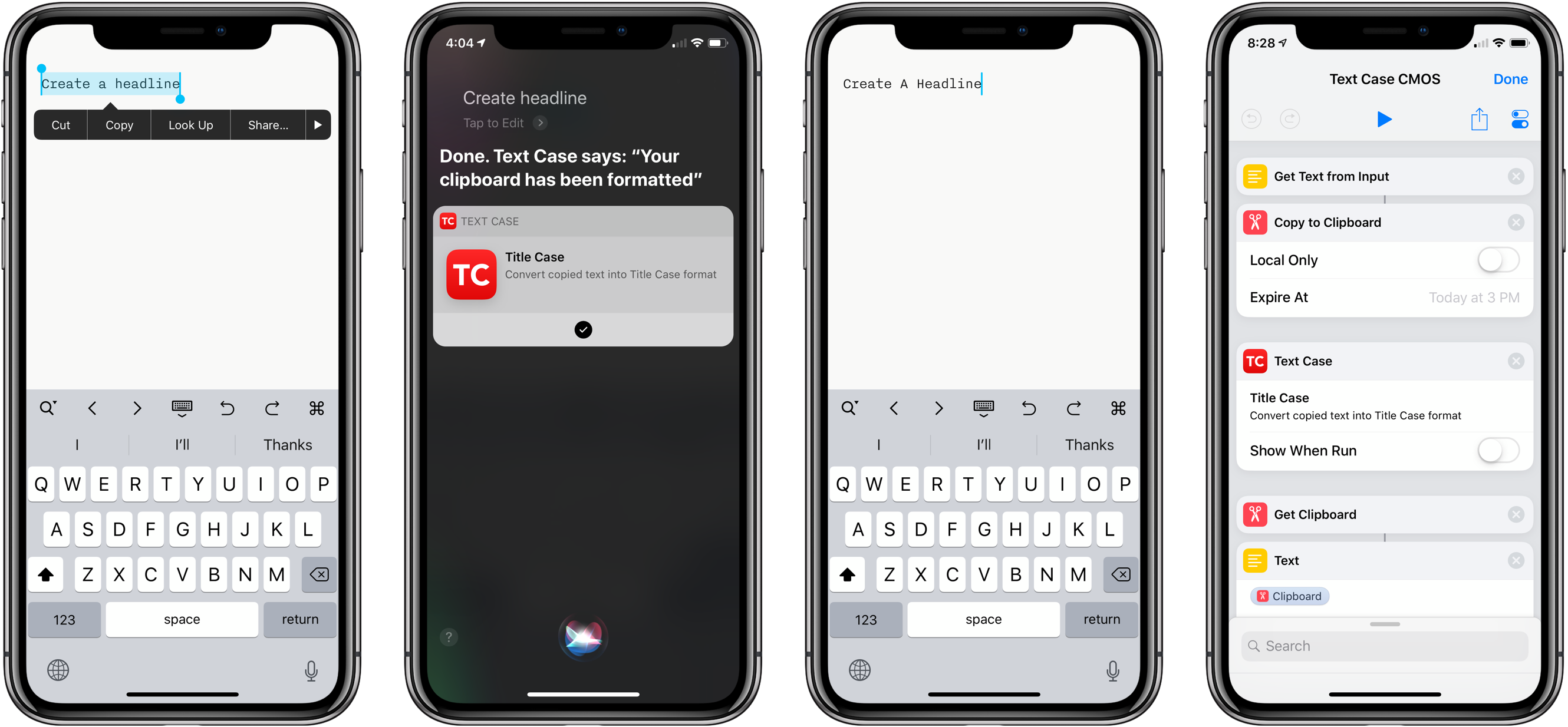 Using Text Case with Siri and embedding it in a custom shortcut.