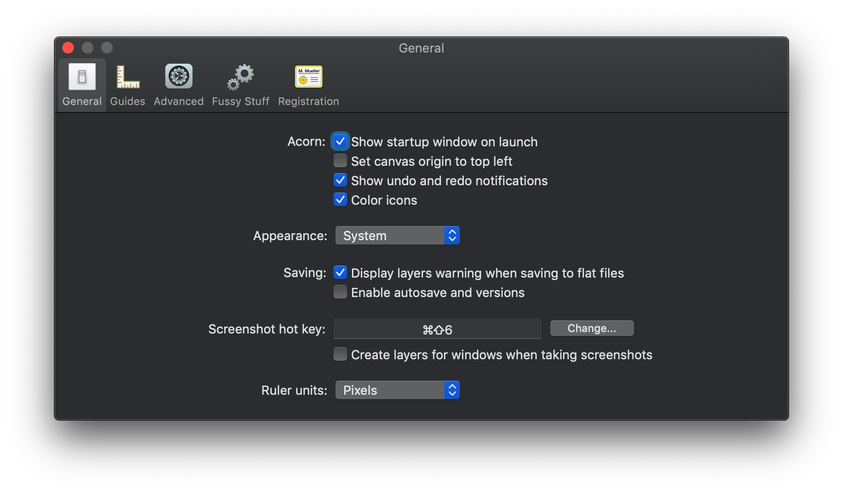 Acorn gives users the option to follow the system-set appearance or force Light or Dark Mode regardless of system settings.