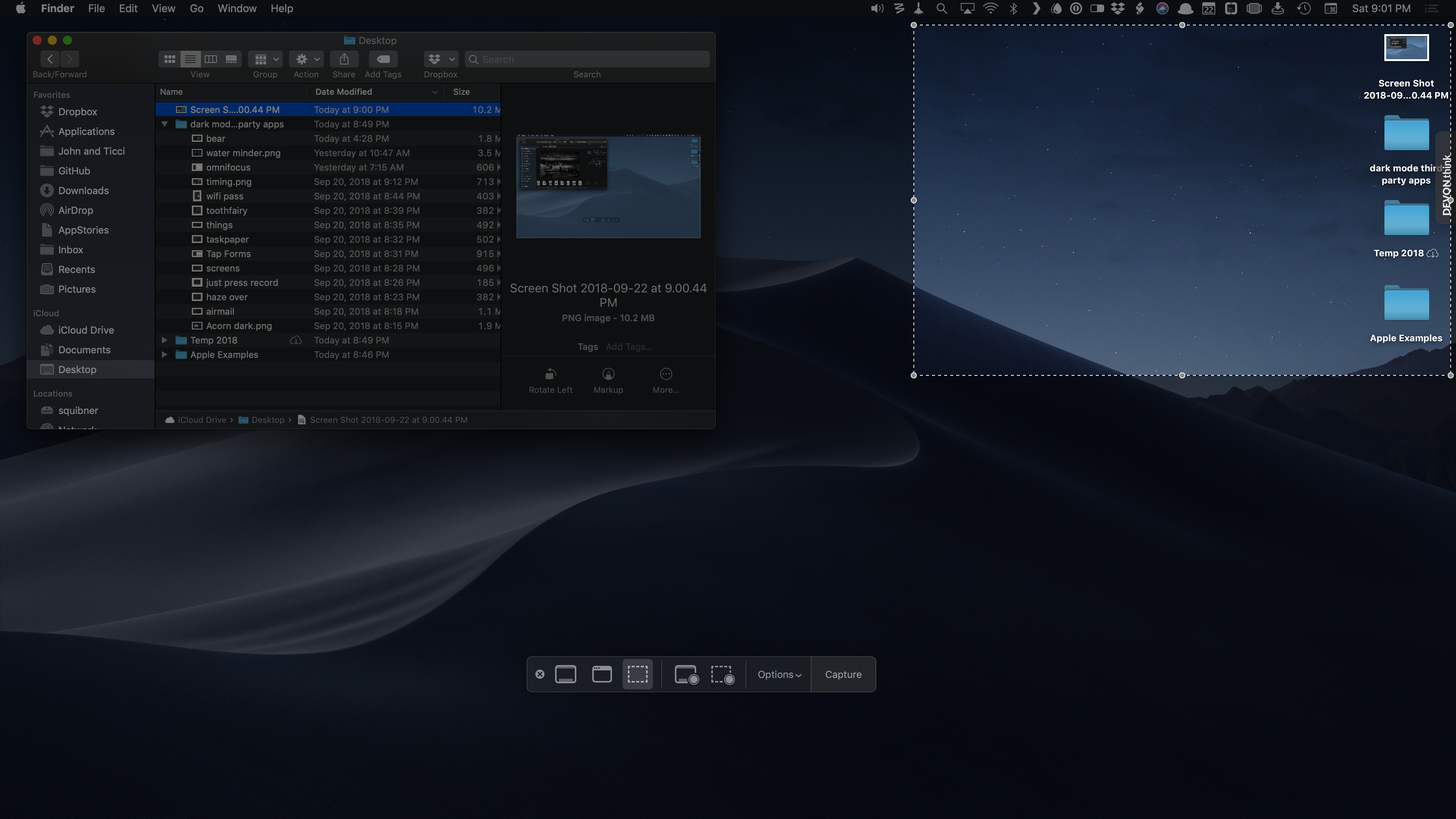 ⌘⇧5 displays a screenshot HUD at the bottom of the Desktop.