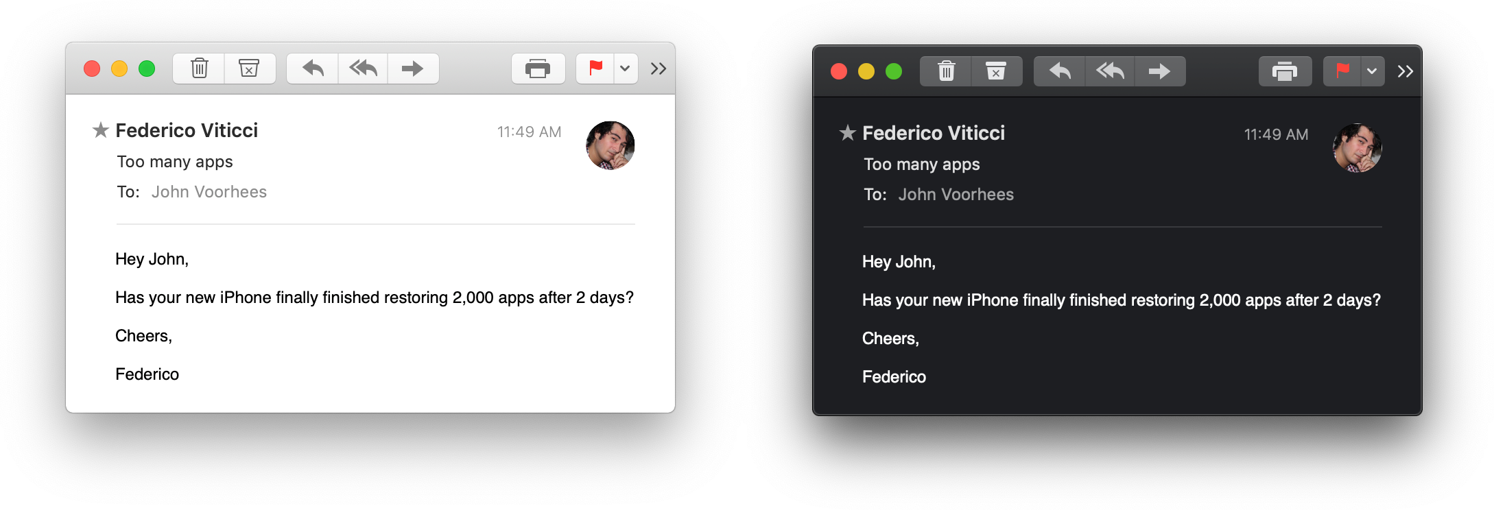 Apple Mail lets users turn on Dark Mode for message windows.
