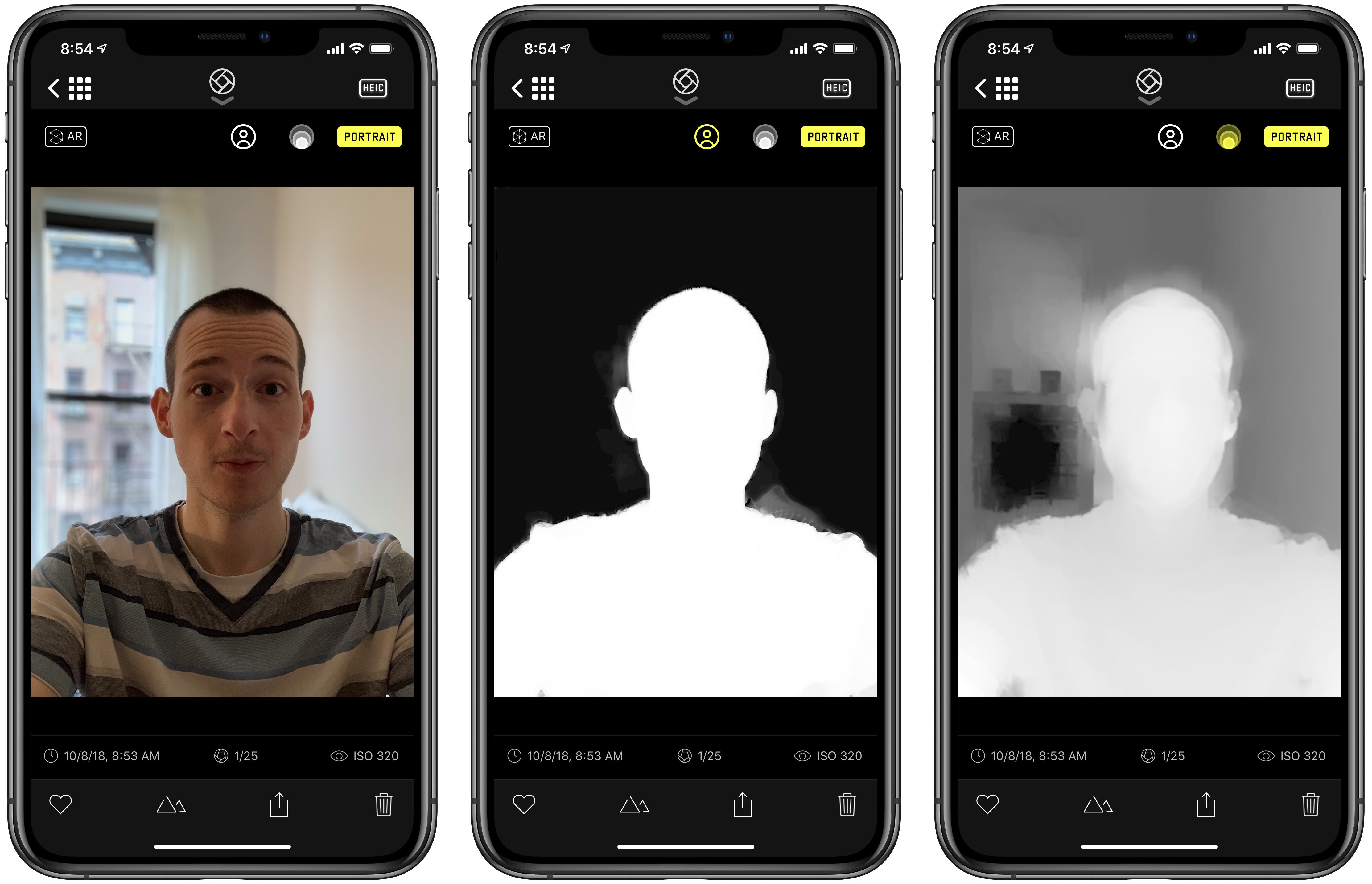 From left to right: captured depth photo, Portrait Effects Matte, and traditional Portrait matte.