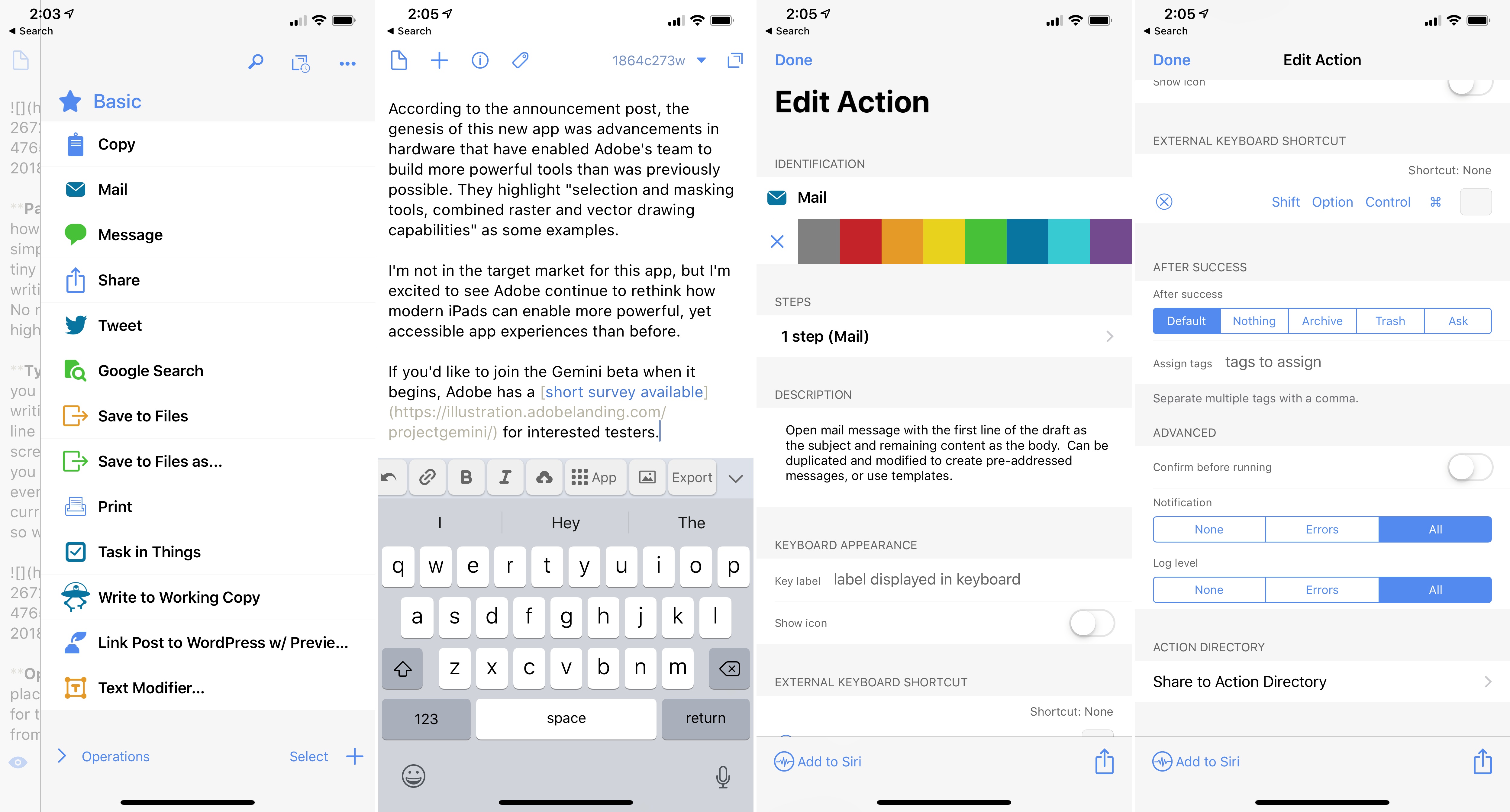 From left to right: Drafts' action sidebar, keyboard row, and action editing interface.