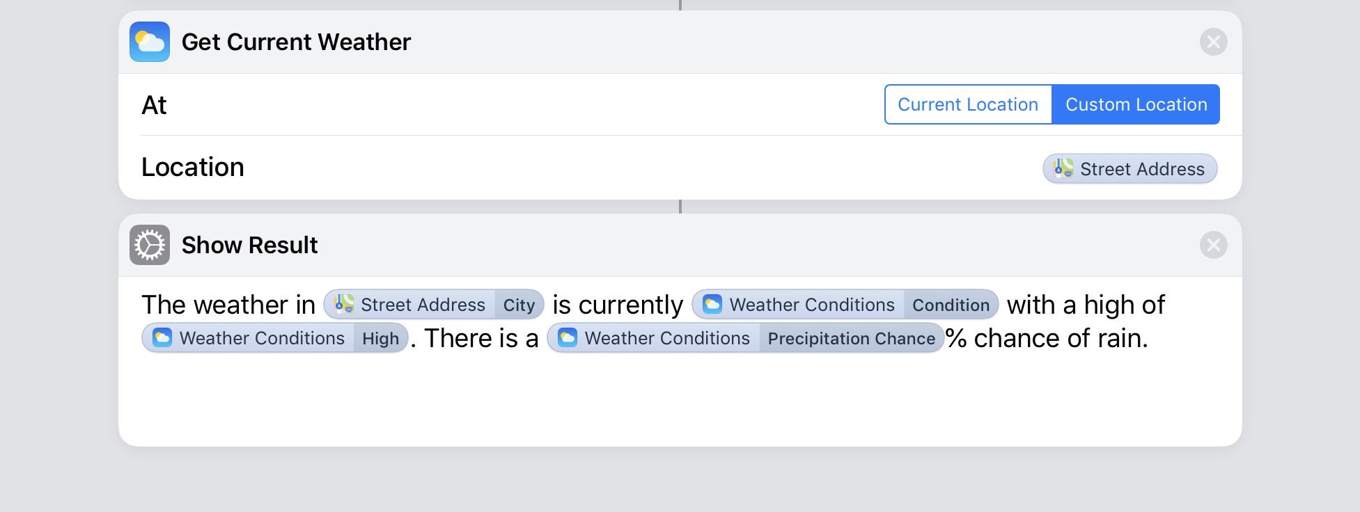 Getting the current weather in Shortcuts.
