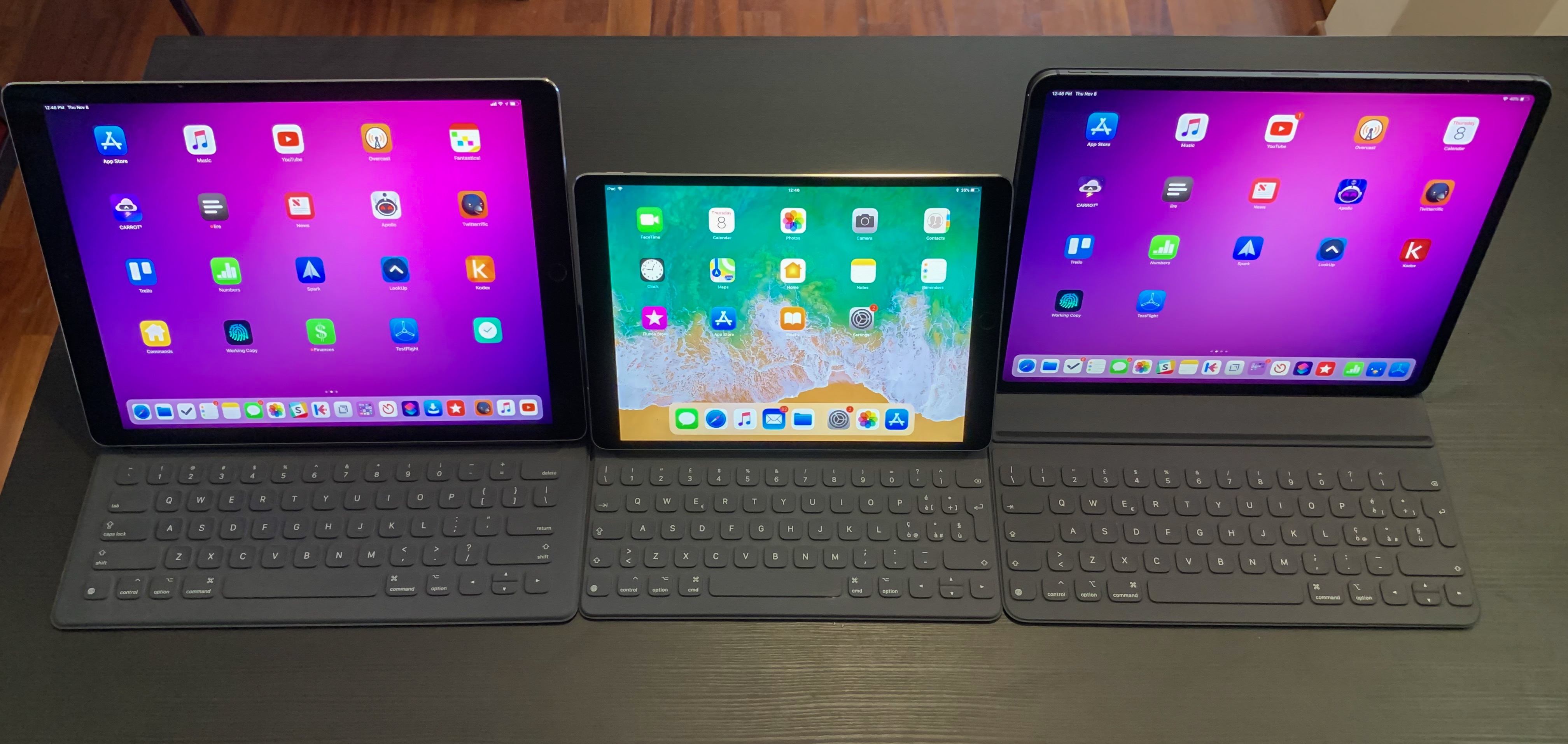The Smart Keyboard Folio (right) compared to the Smart Keyboard for the 12.9" and 10.5" iPad Pros.