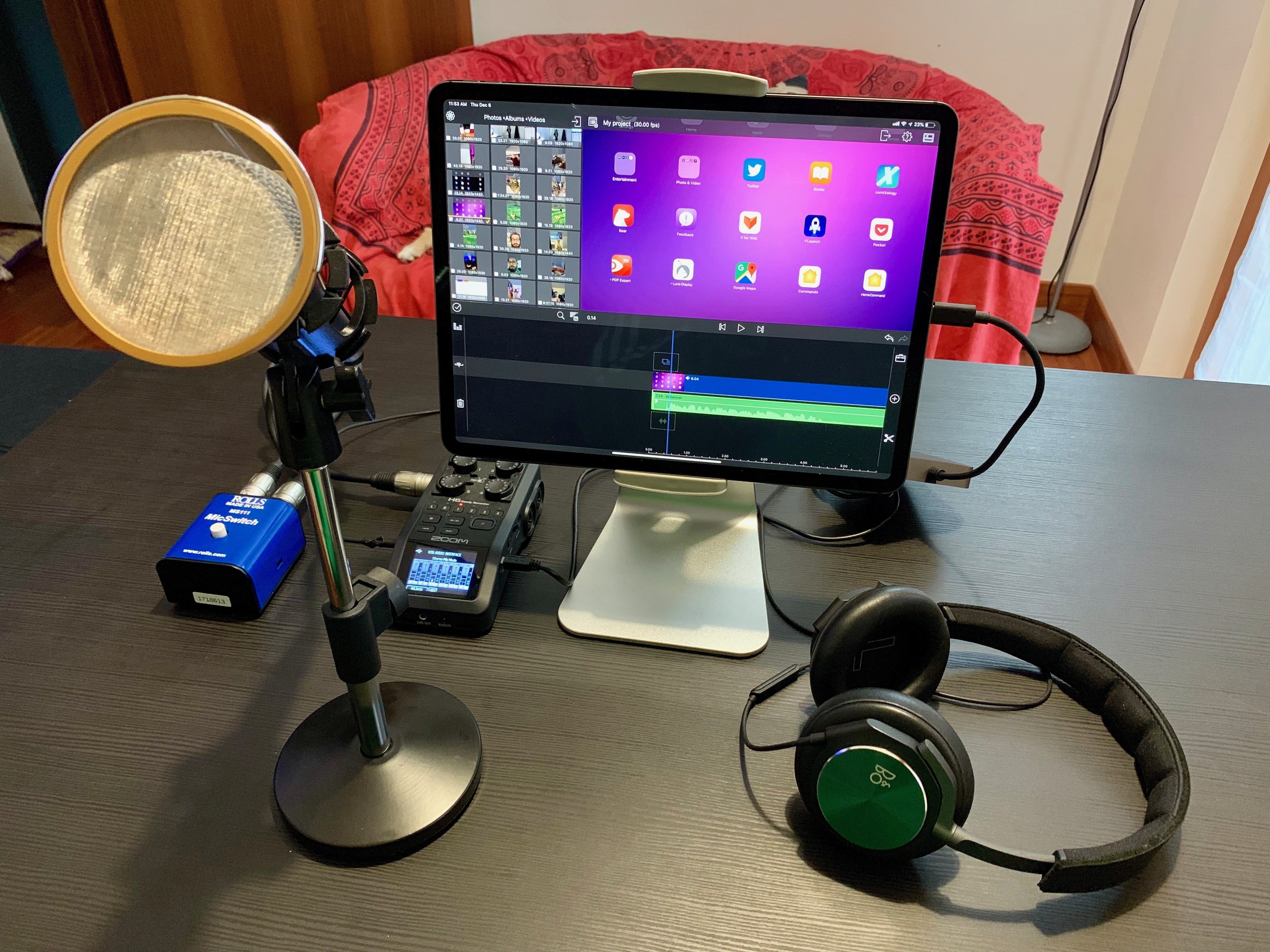 A mobile podcasting and voiceover rig, powered by the OWC Travel Dock and H6 audio interface.