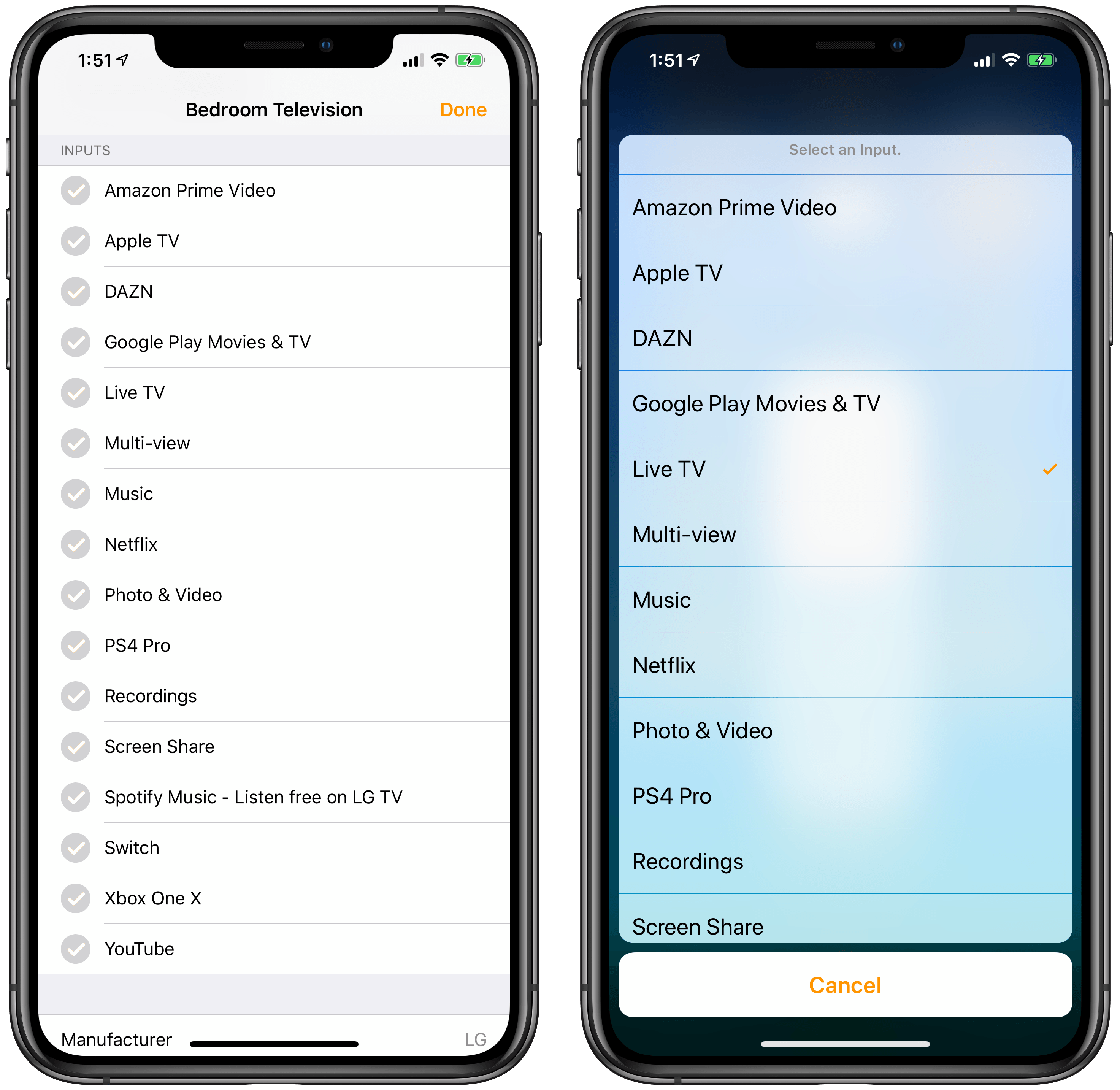 Switching inputs in the Home app (right).