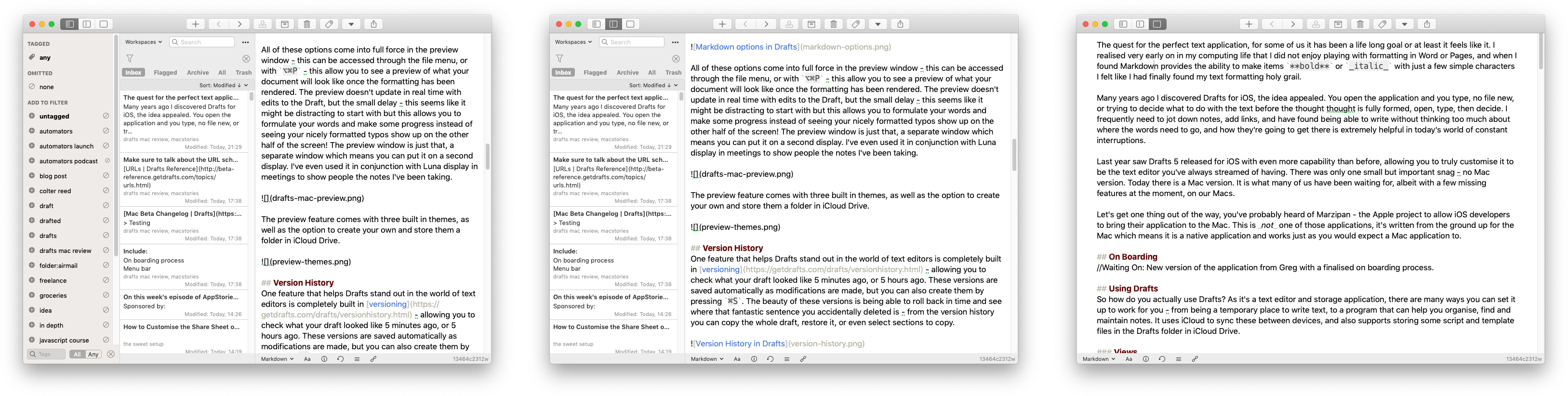 Draft View, List View, and Tag View in Drafts for Mac