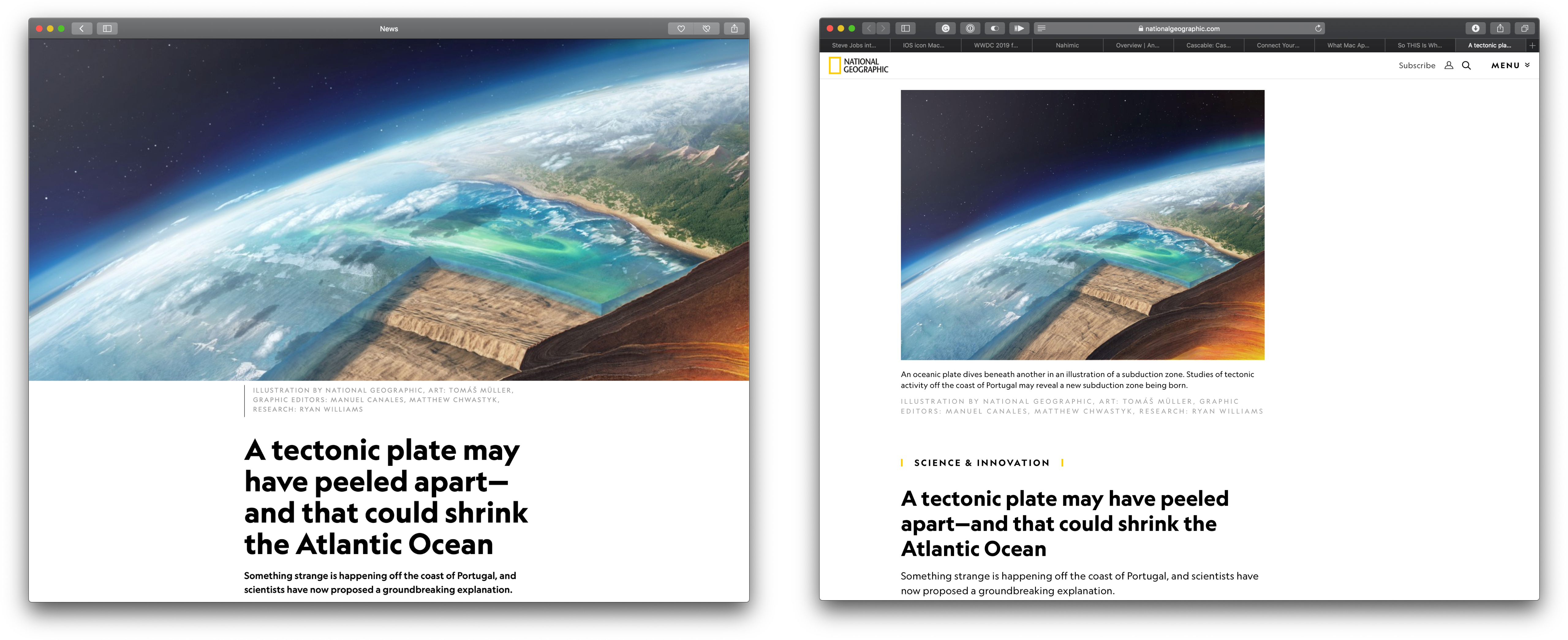 Instead of opening Apple News (left), StopTheNews forces Apple News URLs to open in Safari (right).