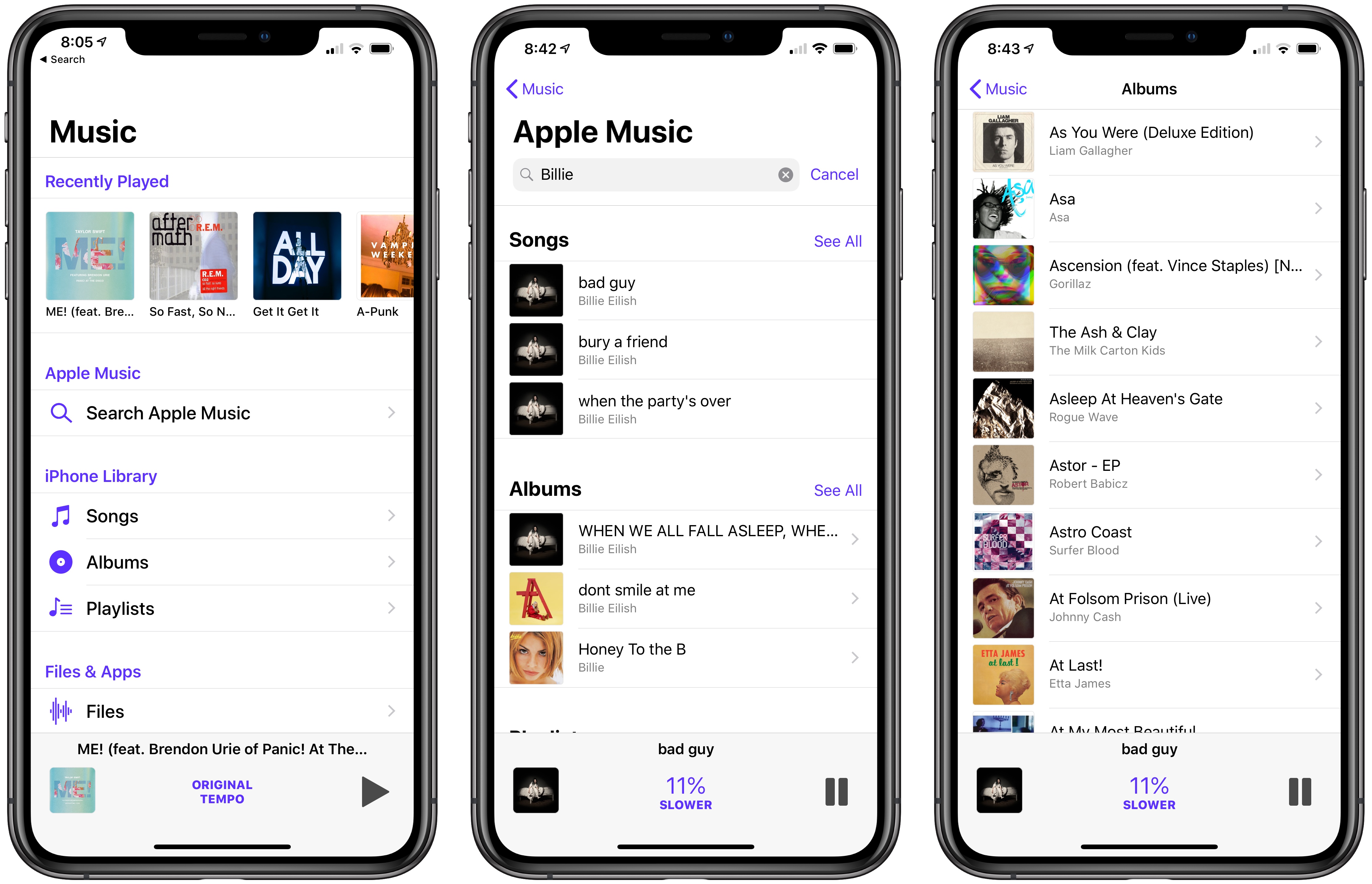 The music picker, searching Apple Music, and browsing albums in my iTunes Music Library.