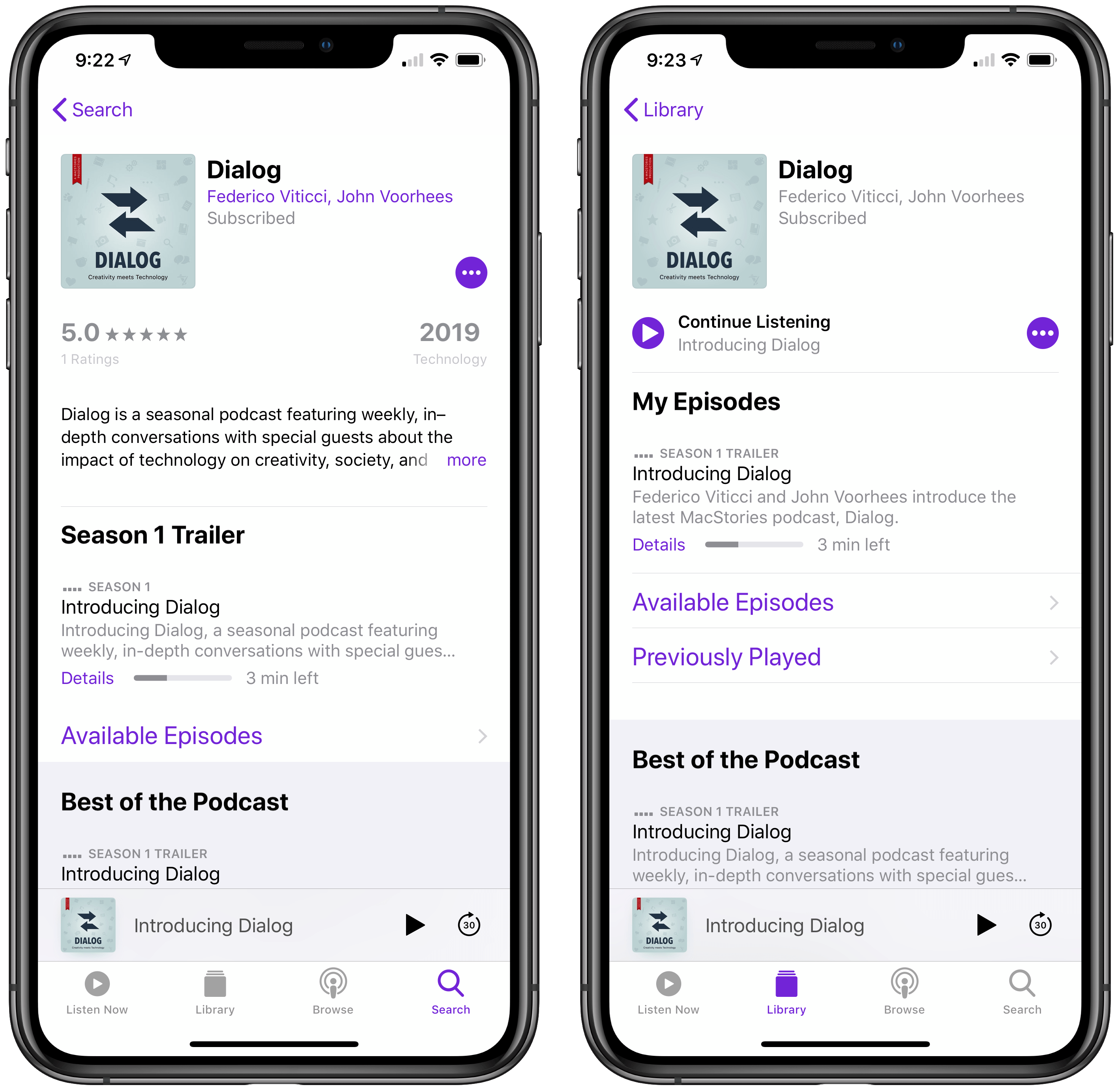 Dialog takes advantage of Apple Podcasts' seasons feature.