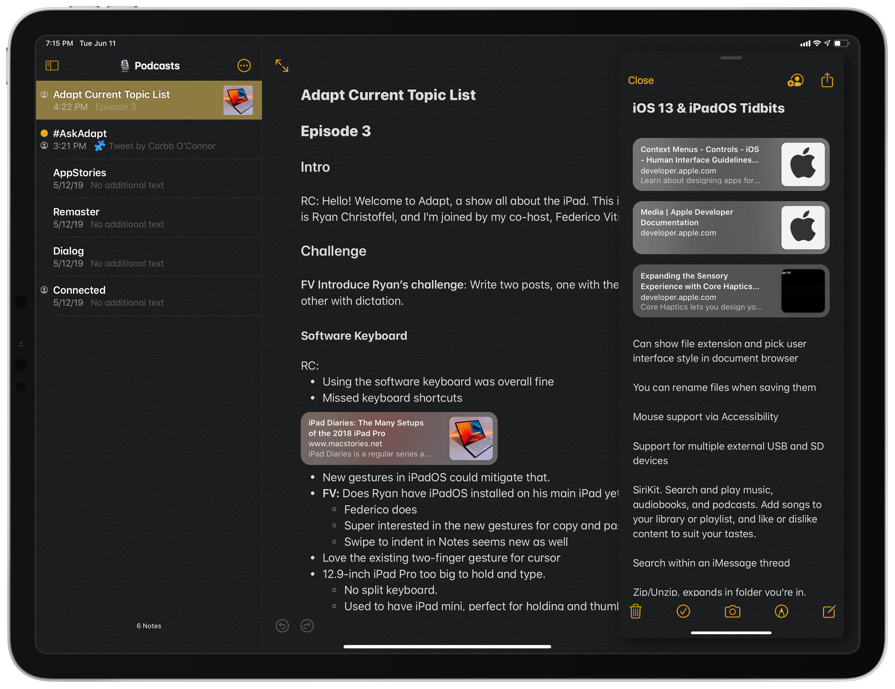 Two windows from Notes – one in full-screen, the other in Slide Over with dark mode enabled.