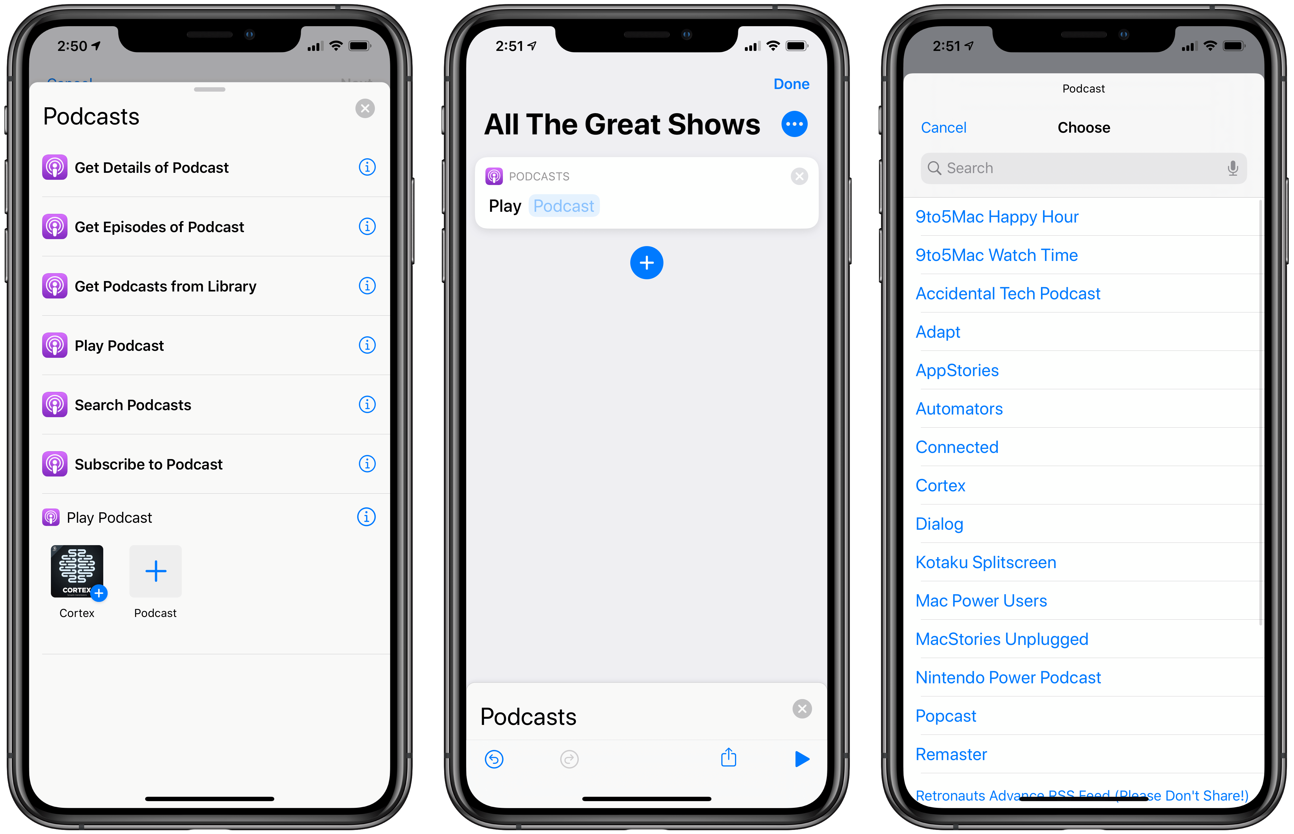 Playing a podcast in Shortcuts for iOS 13 is as easy as adding a single action and picking the show as a parameter from a pre-populated list.