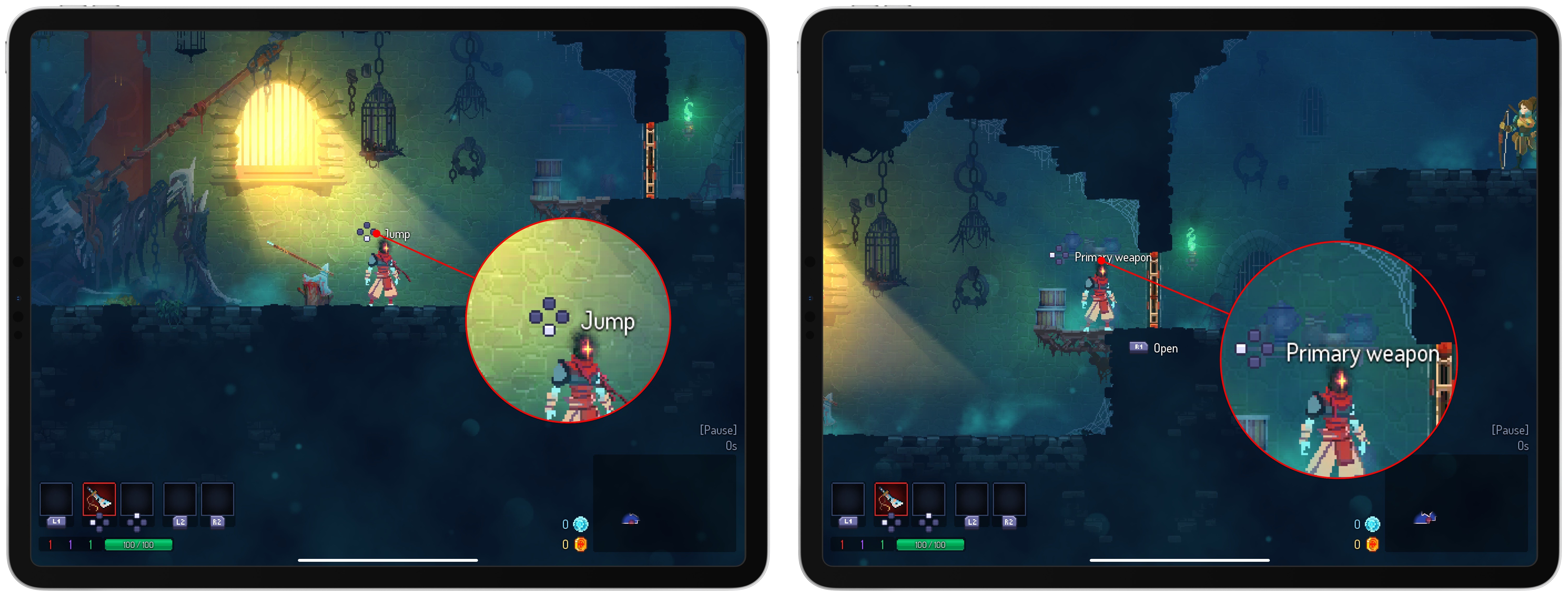 Dead Cells is a good example of a game that uses generic positional mapping of controls for in-game hints.