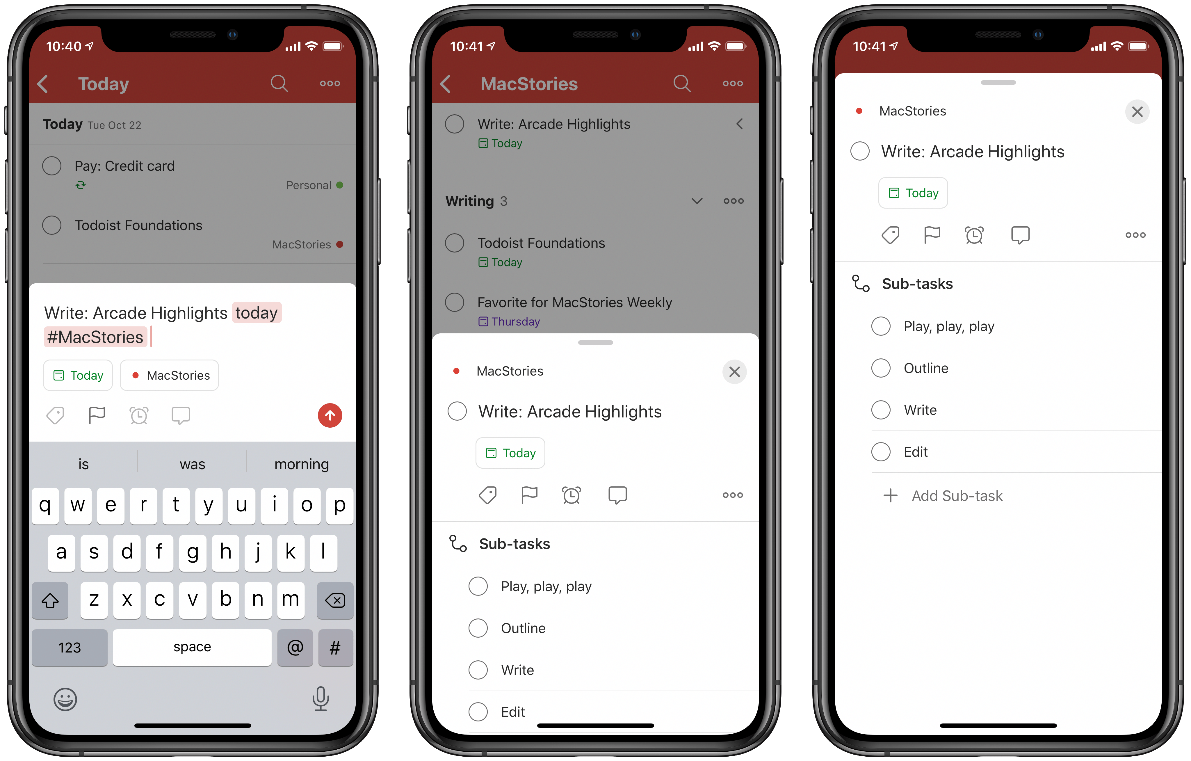 Todoist's new Quick Add (left) and Task (center, right) views. 