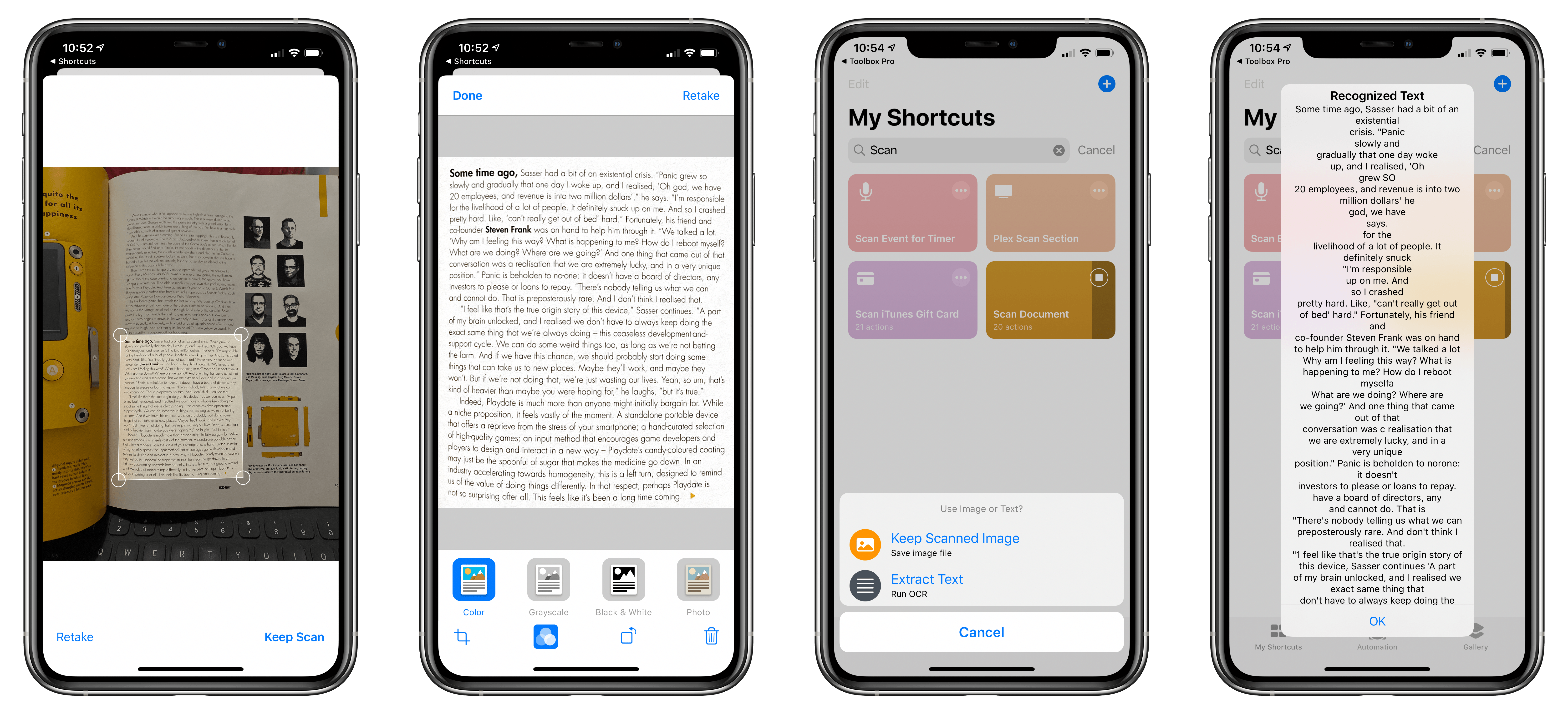 Scanning documents with Shortcuts and Apple's native OCR via Toolbox Pro. Apple's OCR feature isn't perfect, but it's free, fast, and good enough.