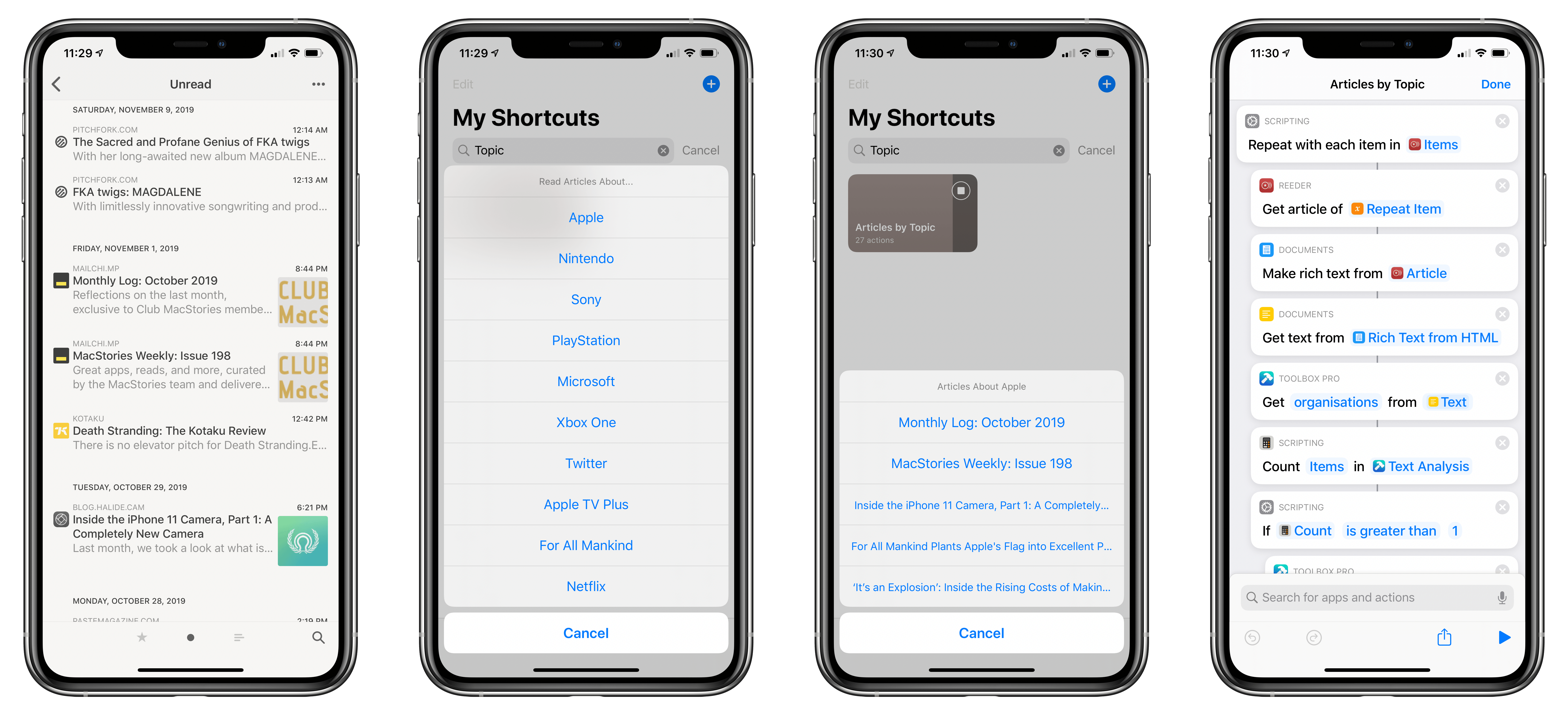 Articles saved in Reeder (left) are analyzed by Apple's Natural Language framework using a Toolbox Pro action in Shortcuts.
