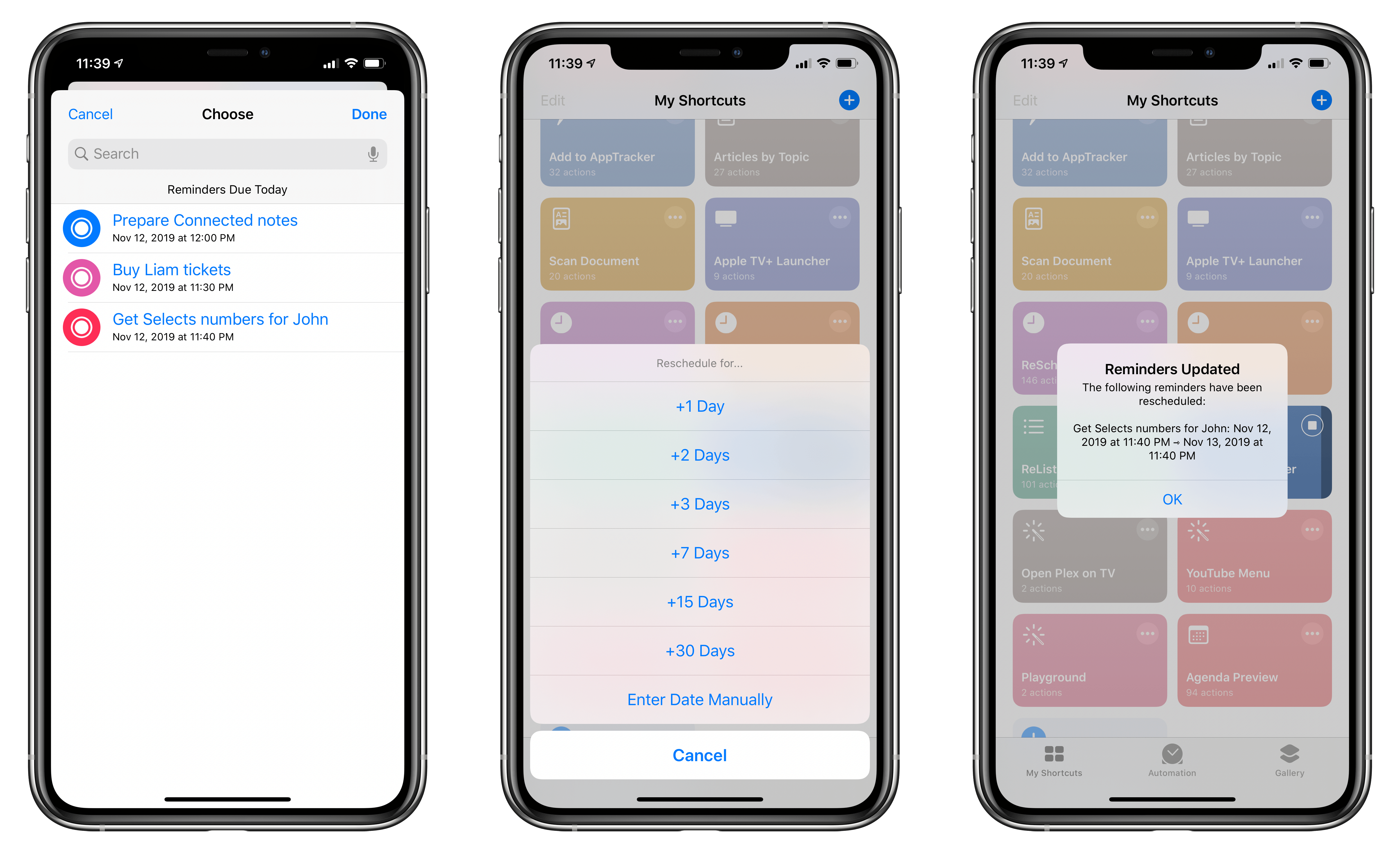 Rescheduling reminders with Shortcuts.