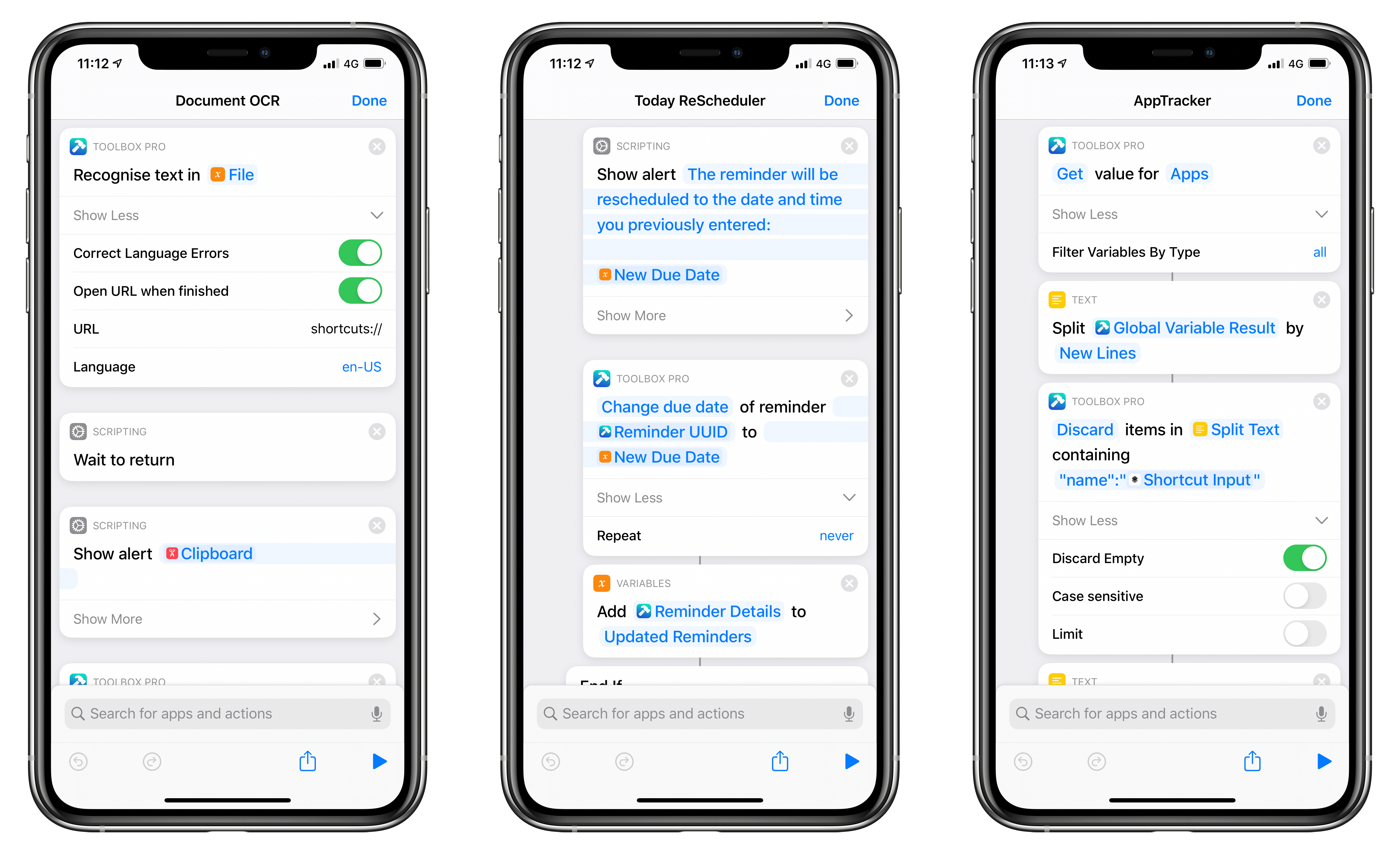Examples of Toolbox Pro actions in Shortcuts.