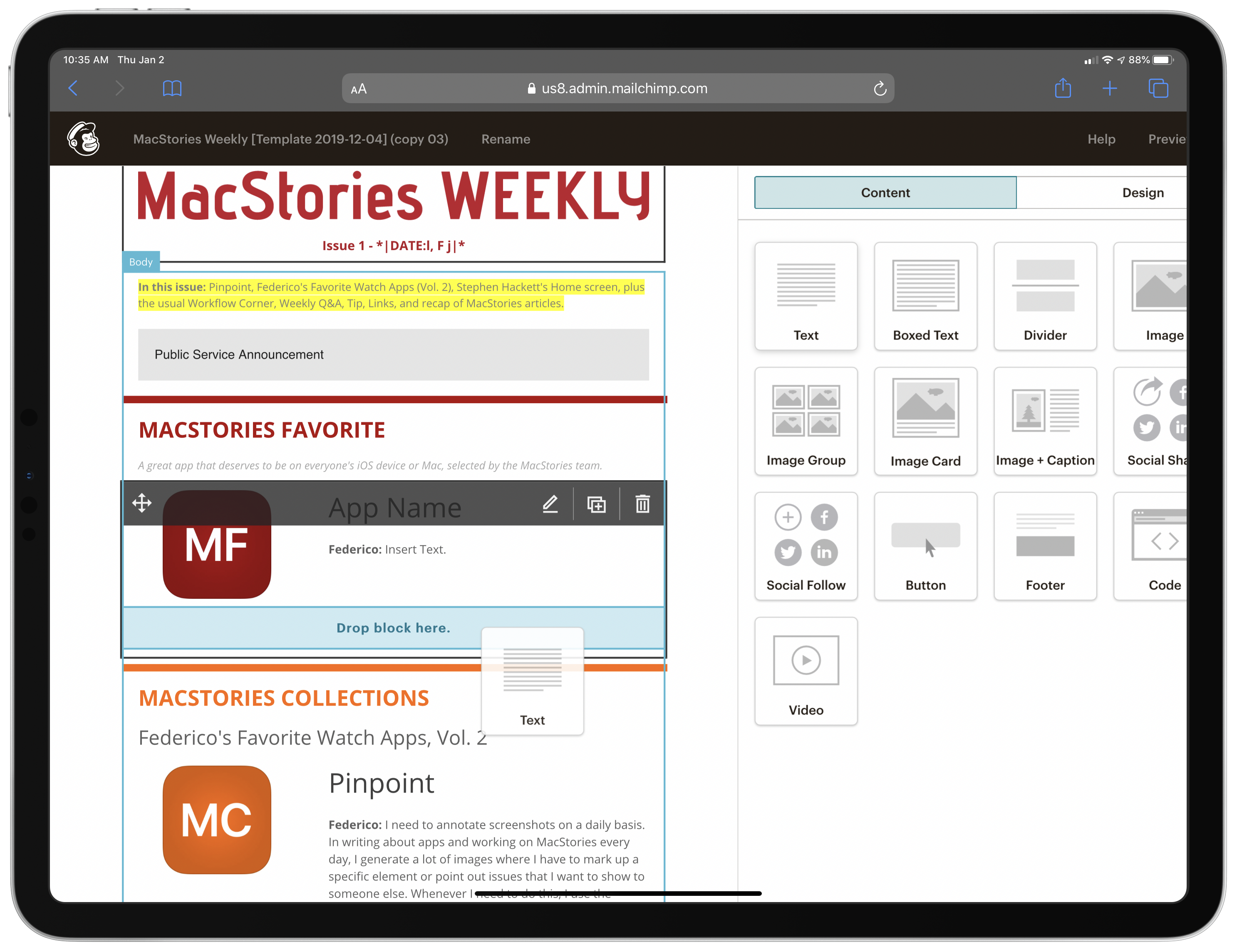 Dragging a text content block into the MacStories Weekly Mailchimp template.