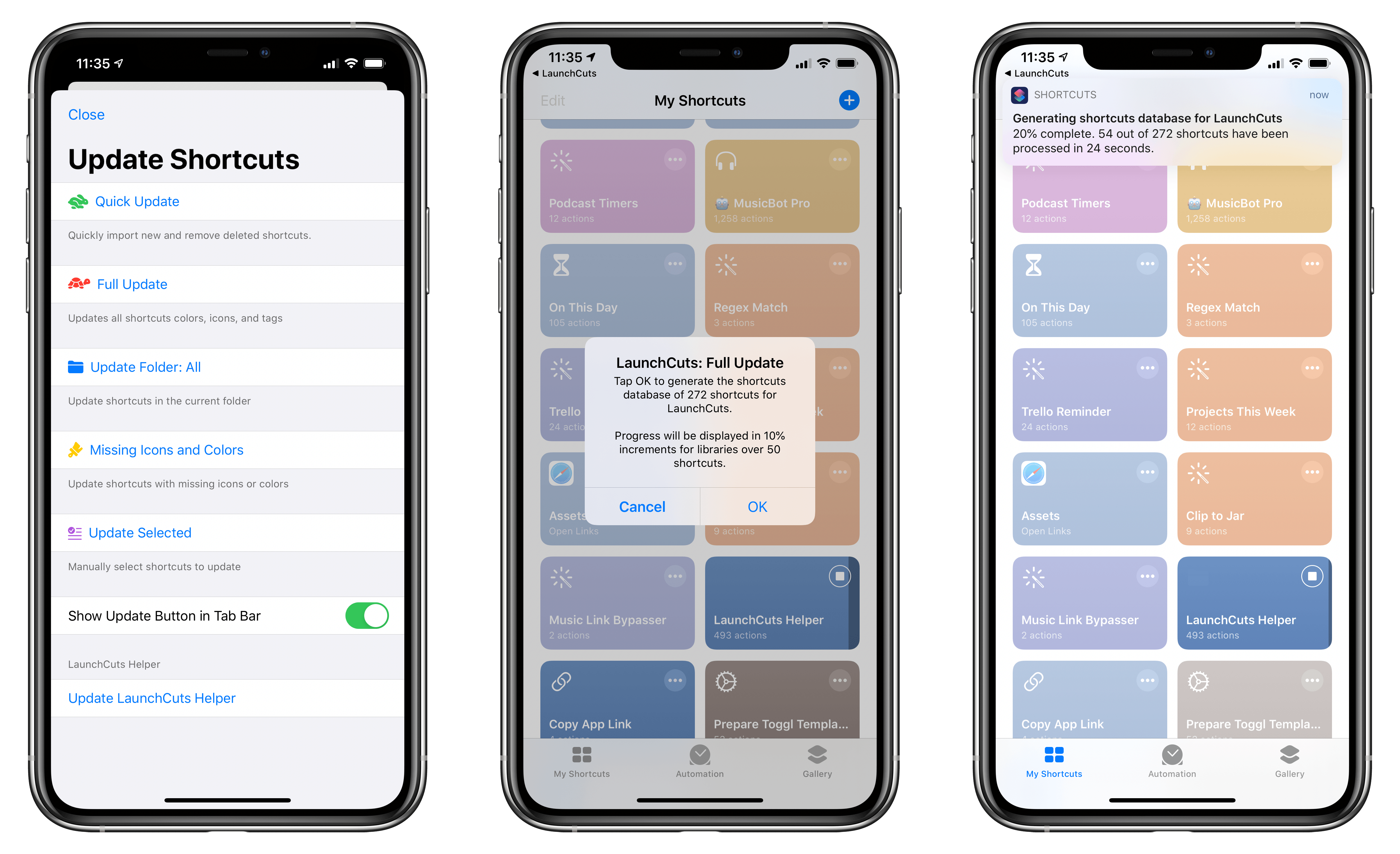 Running the LaunchCuts Helper shortcut to update the app's database of your installed shortcuts.
