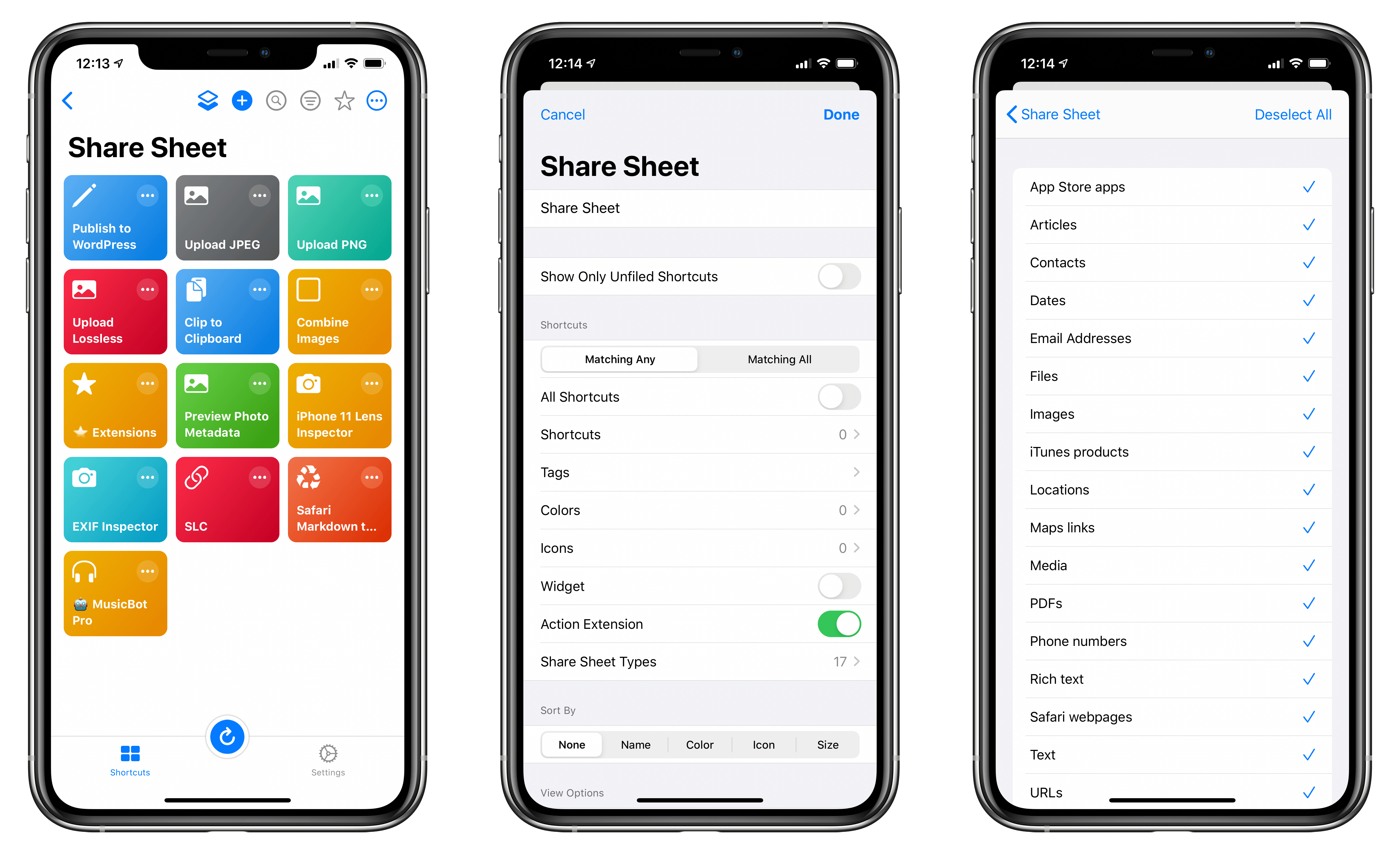 You can create a smart folder that shows you shortcuts you've enabled for use in the share sheet.