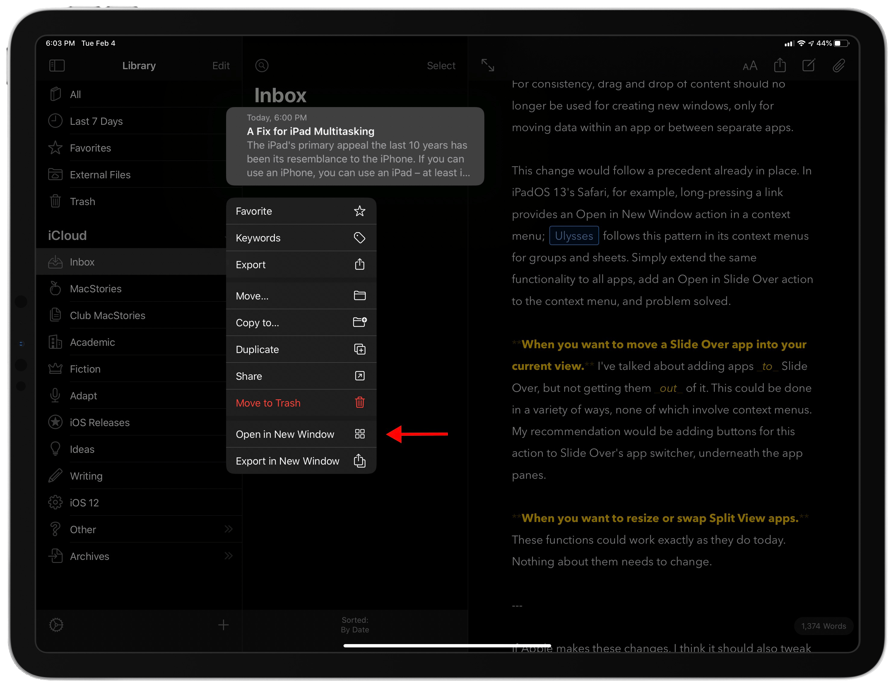 Apps like Ulysses already offer an in-app option for creating new windows.