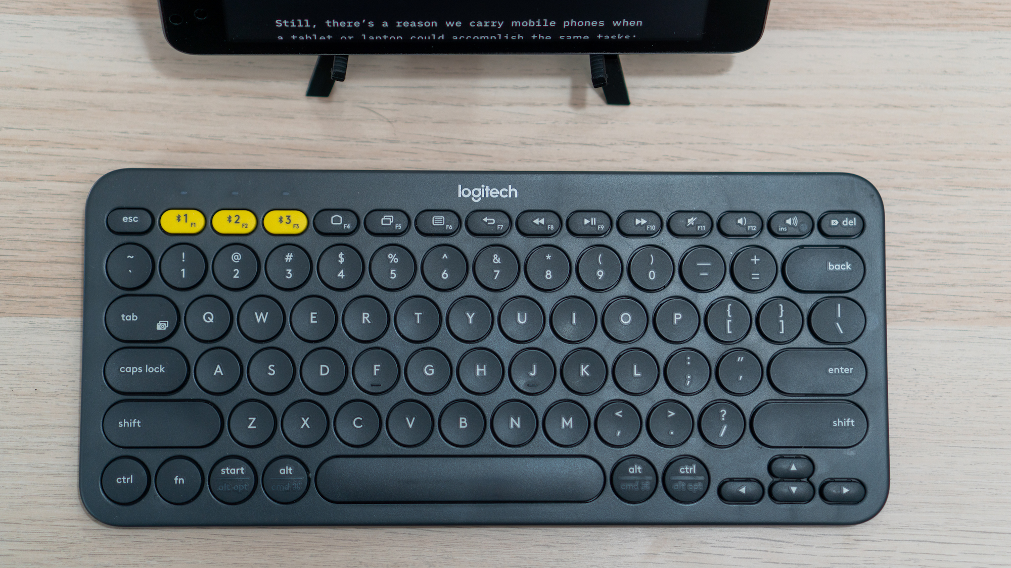 Logitech's K380 keyboard is sturdy and the old-school AAA batteries last two years.