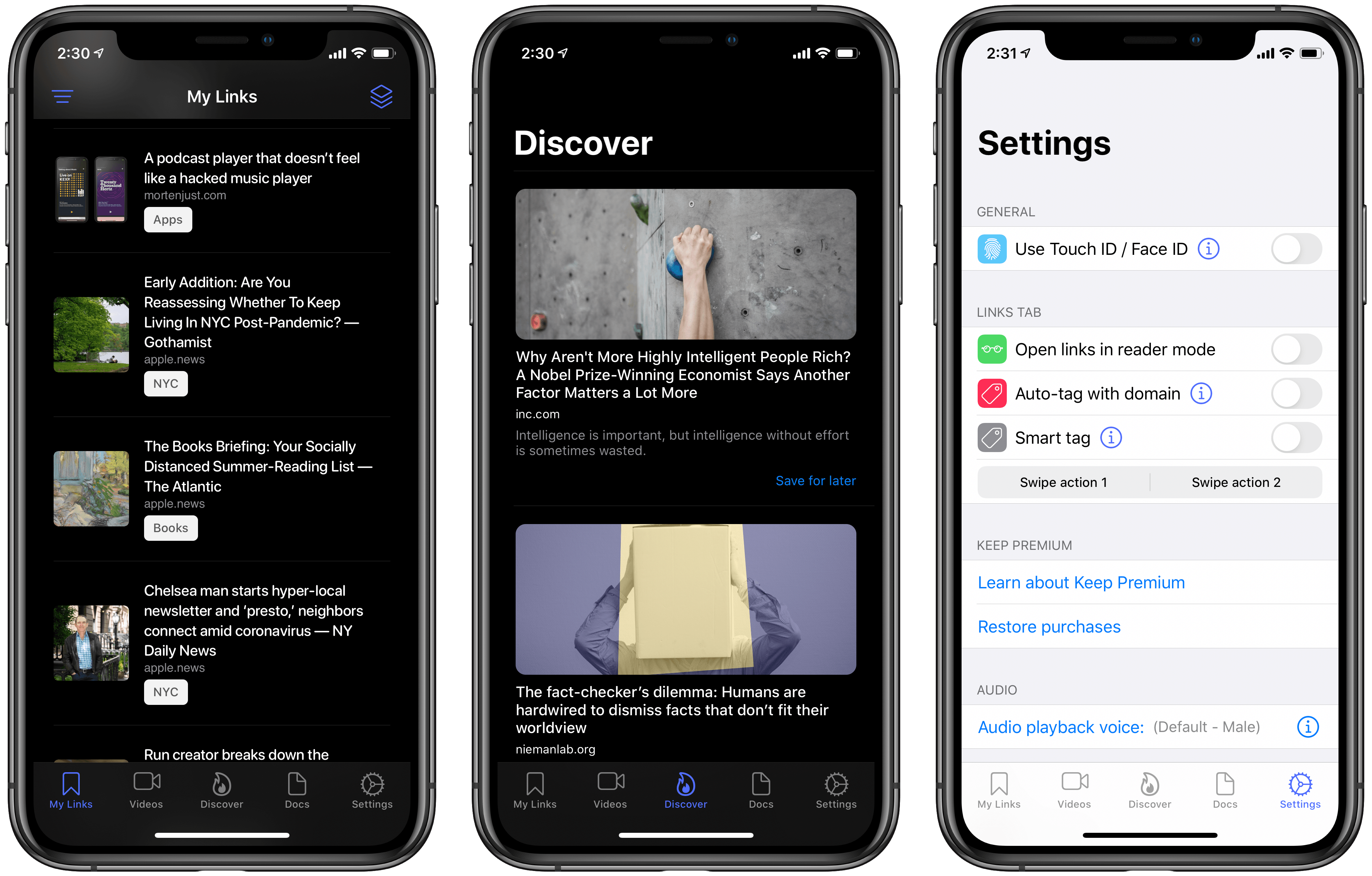 Dark mode, the Discover tab, and additional settings.