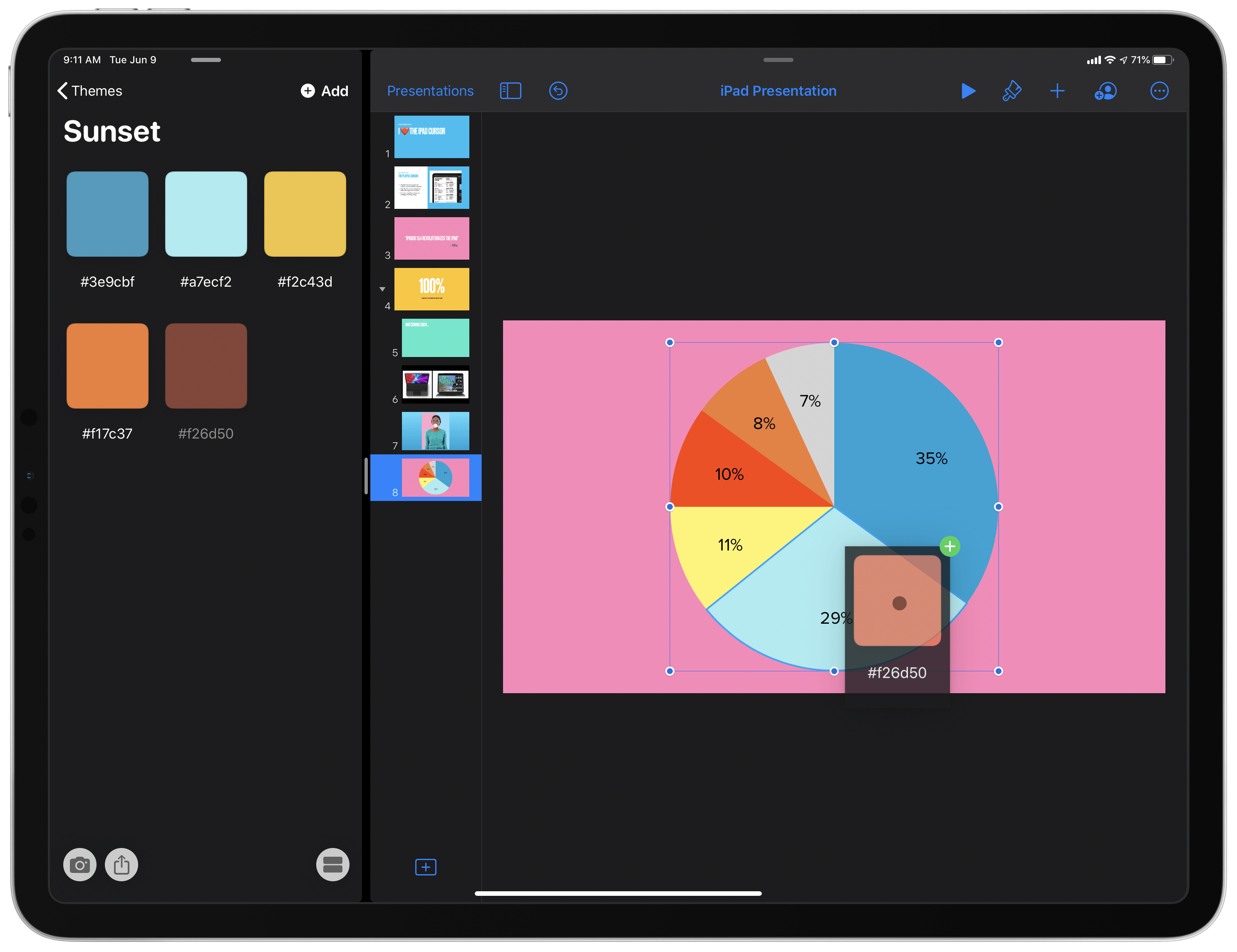 Dragging a color from Pastel (left) to a section of a pie chart in Keynote (right).