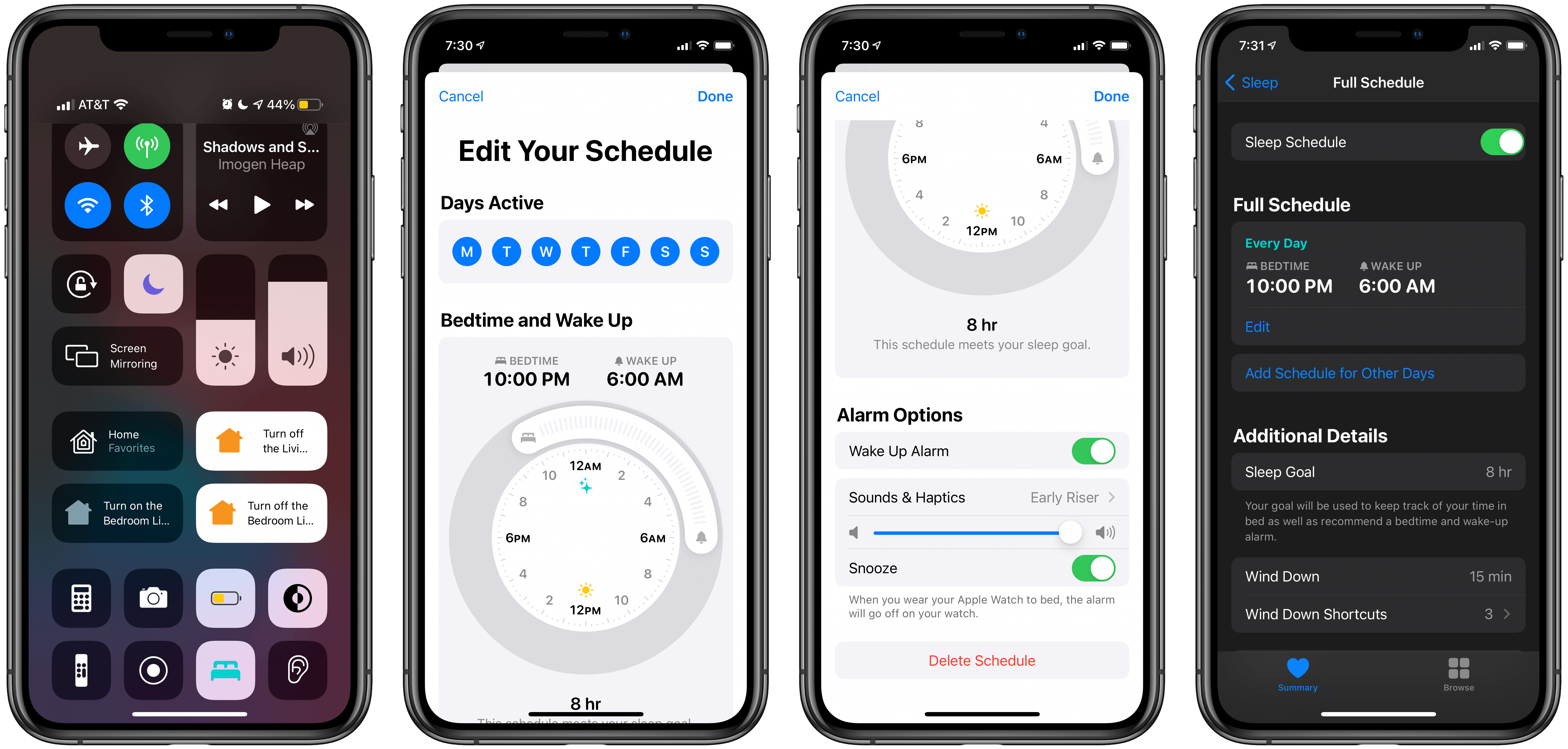 Toggling sleep mode in Control Center (left) and setting up a sleep schedule.